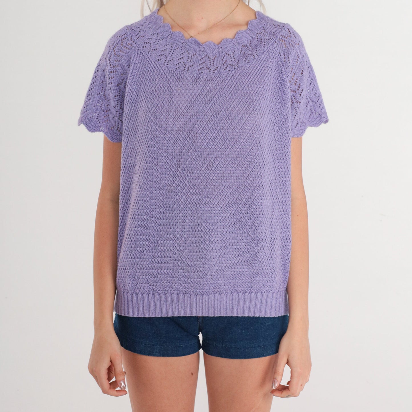 80s Purple Pointelle Knit Top Scalloped Short Sleeve Blouse Medium