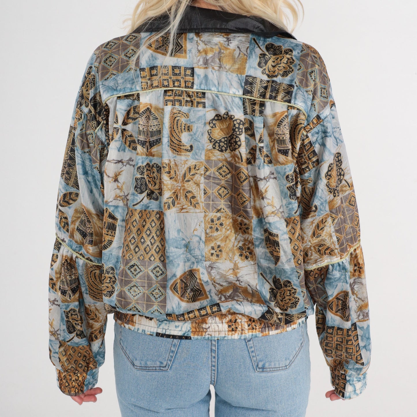 80s Ellesse Windbreaker Jacket Blue White Marble Geometric Floral Print Zip Bomber XS
