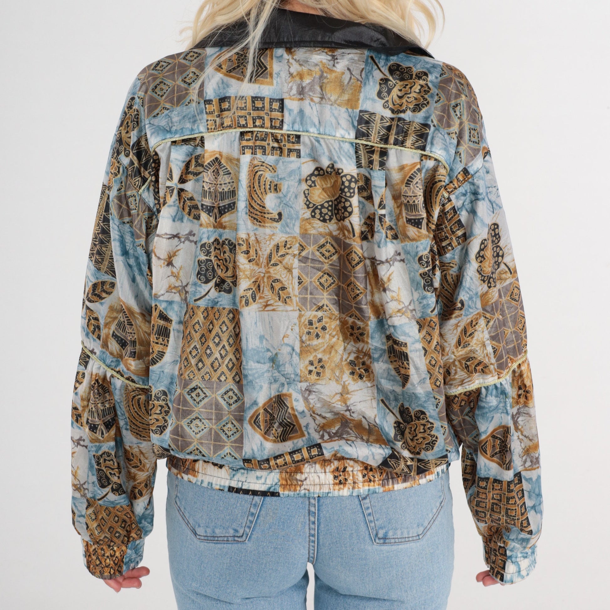 80s Ellesse Windbreaker Jacket Blue White Marble Geometric Floral Print Zip Bomber XS