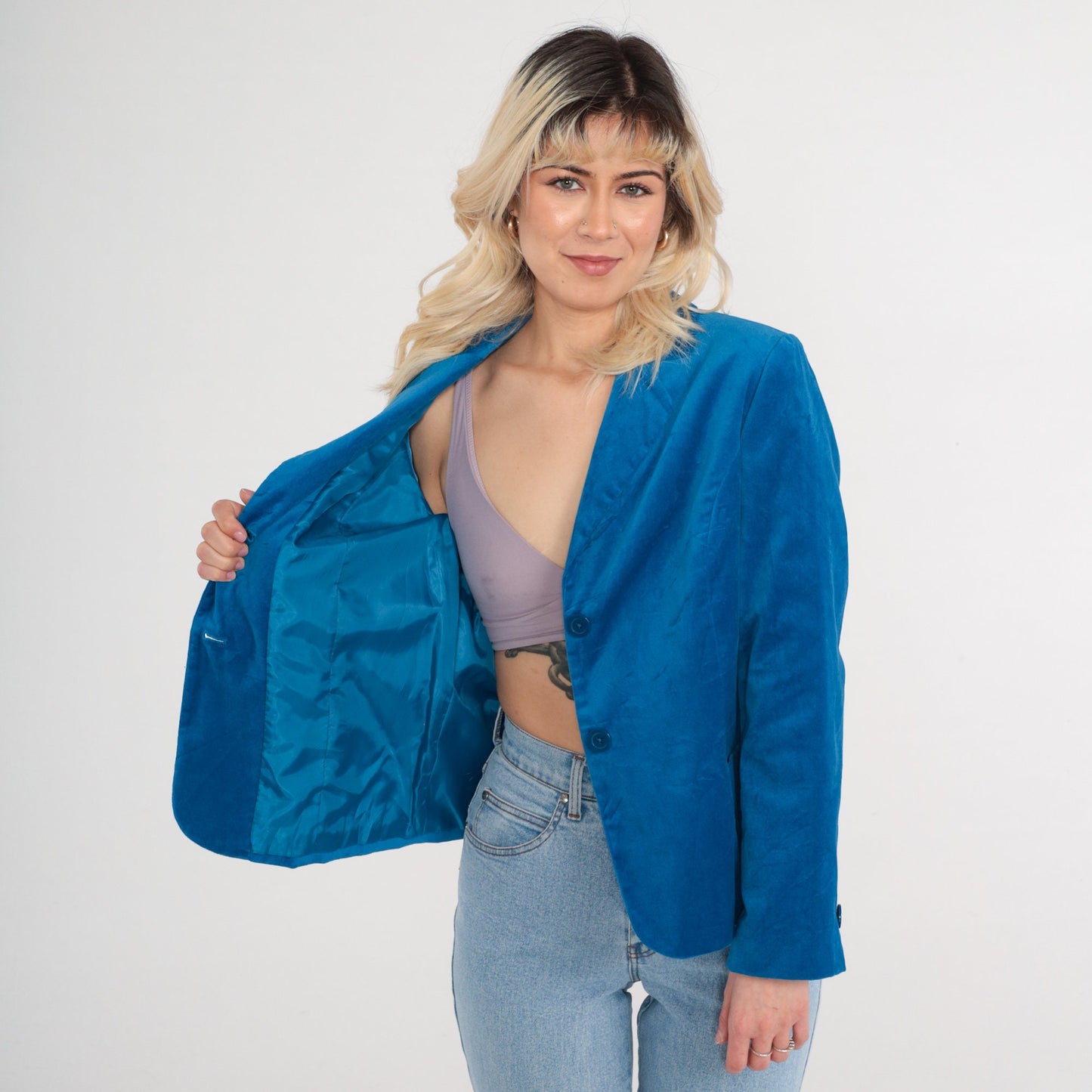 90s Studio Works Blue Velvet Blazer Button-Up Jacket Medium