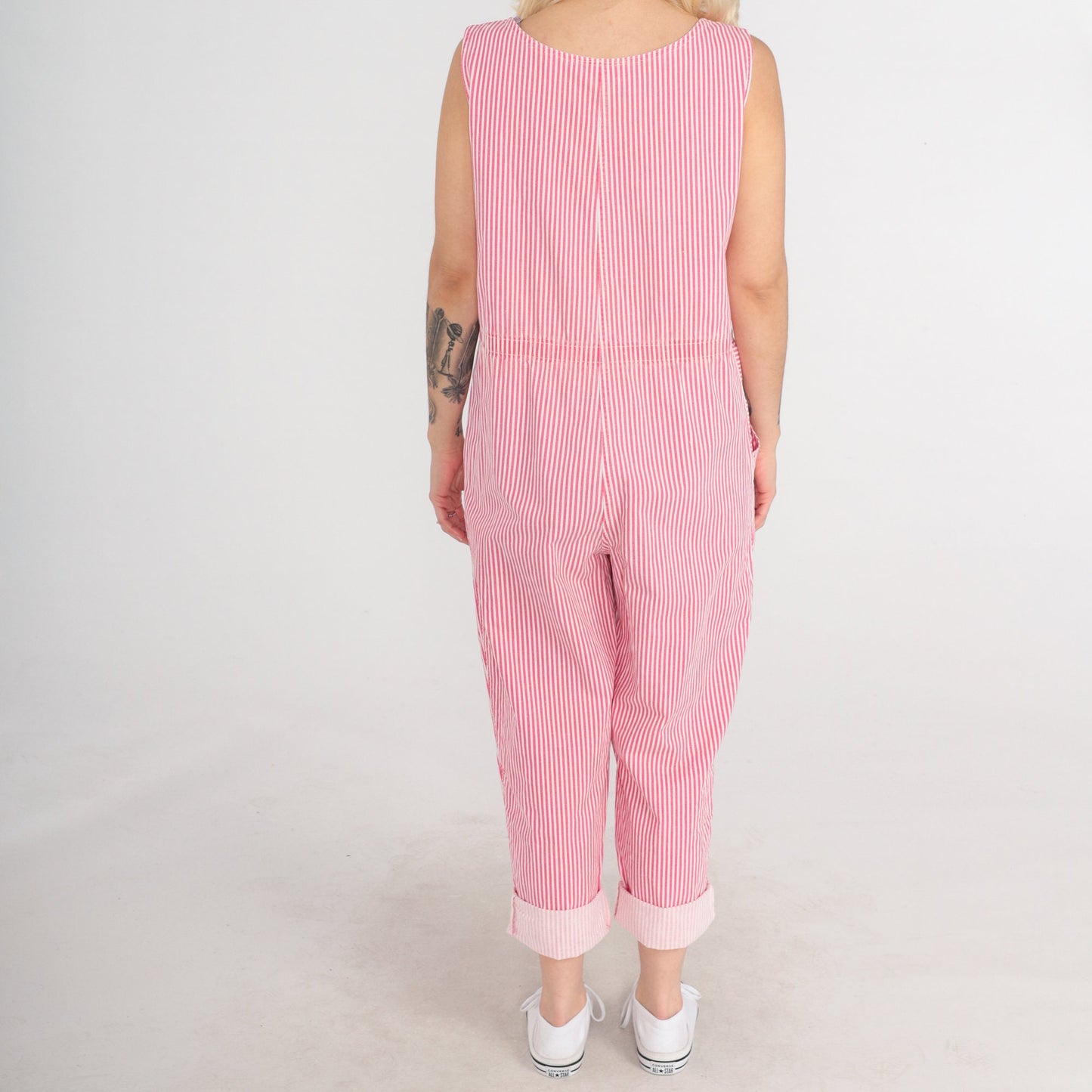 90s Dreams Striped Jumpsuit Pink White Snap Front Sleeveless Medium