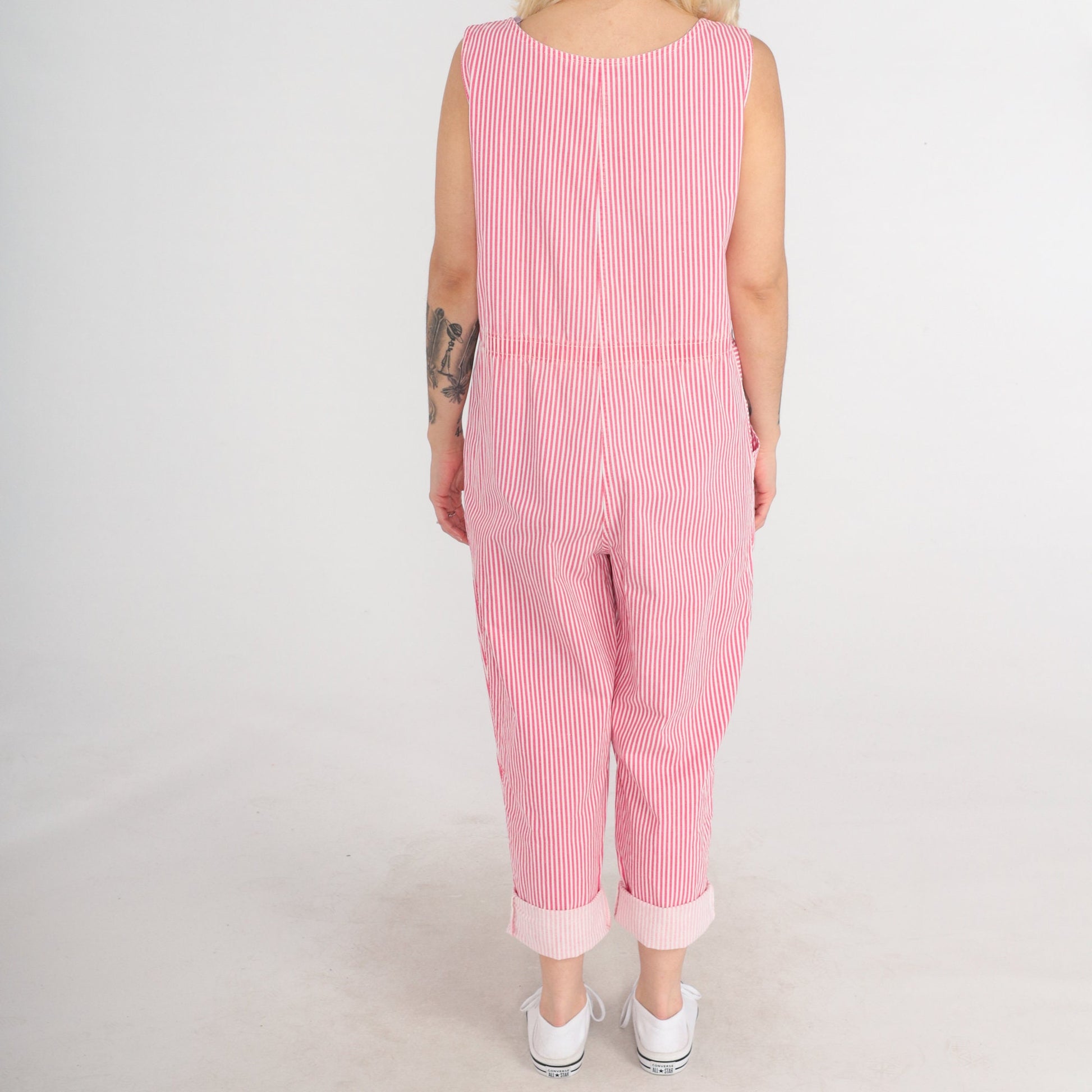 90s Dreams Striped Jumpsuit Pink White Snap Front Sleeveless Medium