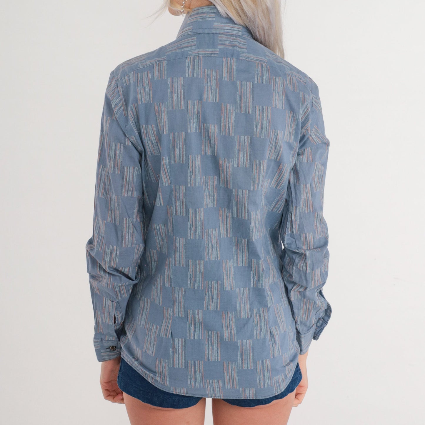 70s Saturdays in California Blue Checkered Button-Up Dagger Collar Shirt XS