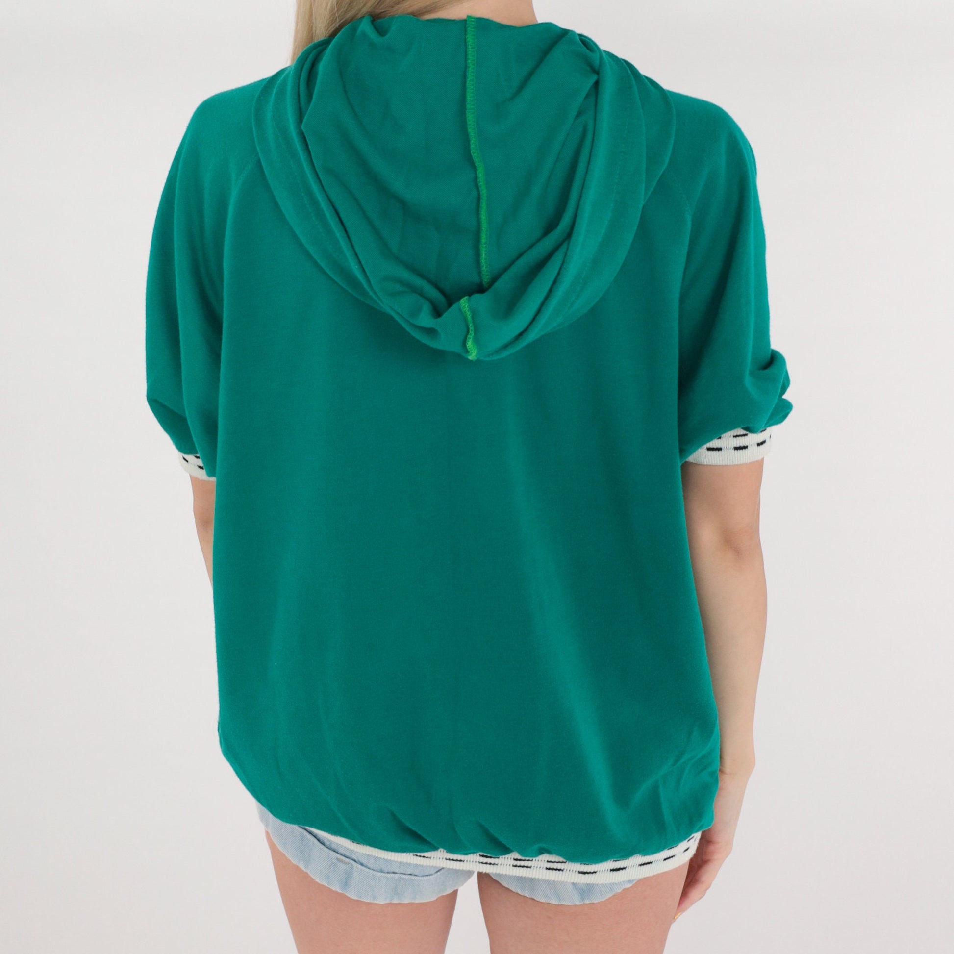 90s 555 Sports Studio Hooded T-Shirt Green Ringer Crest Graphic Large