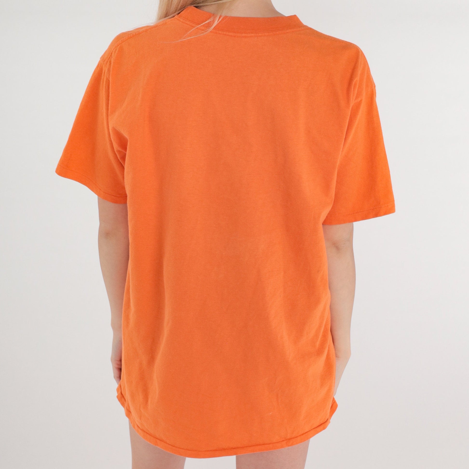 90s Orange Plain Crew Neck T-Shirt Single Stitch Distressed Medium