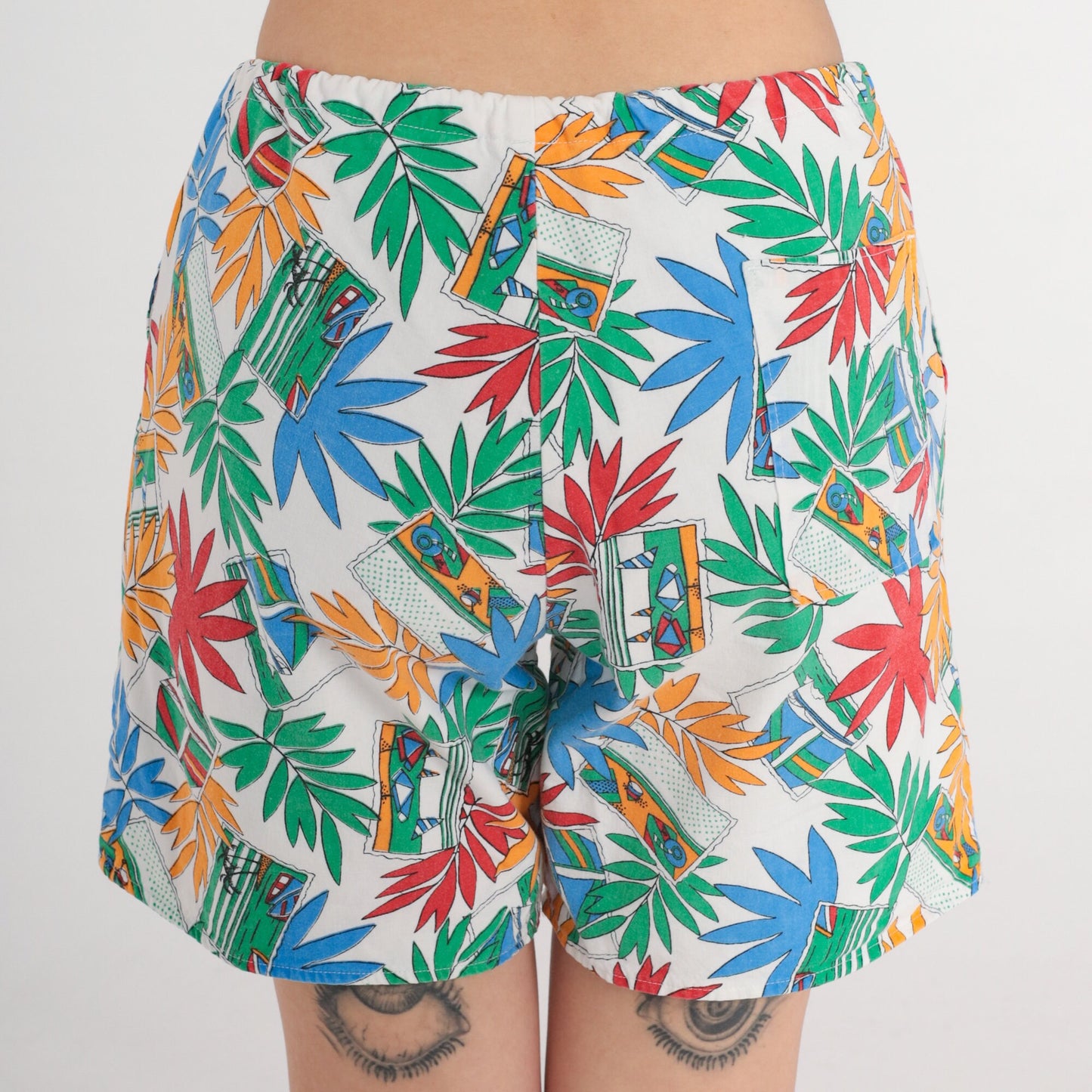 90s Tropical Leaf Boat Print Cotton Shorts High Waist Drawstring White Medium