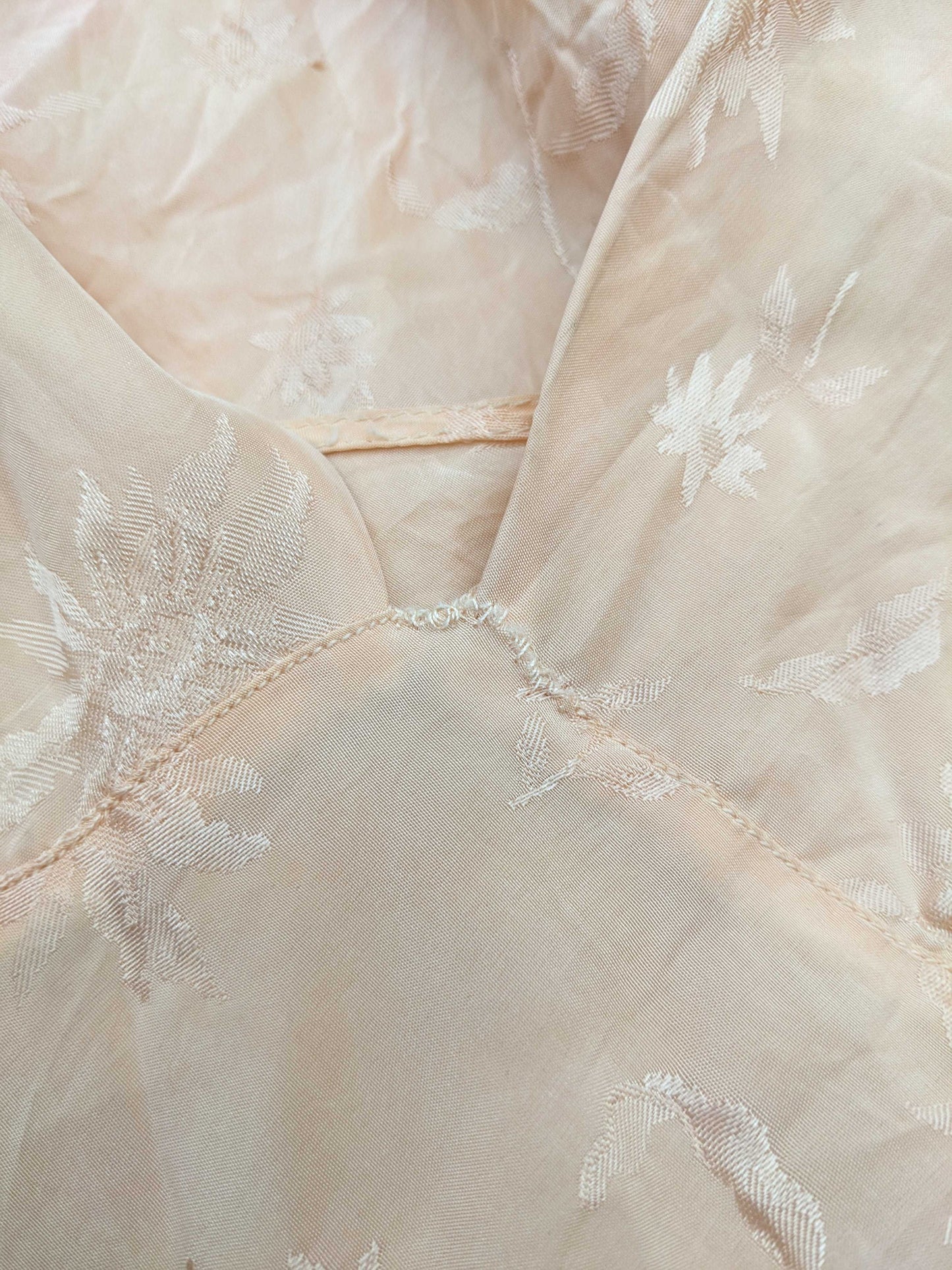 40s Silk Slip Dress Peach Floral Embossed Empire Waist Spaghetti Strap Mini XS