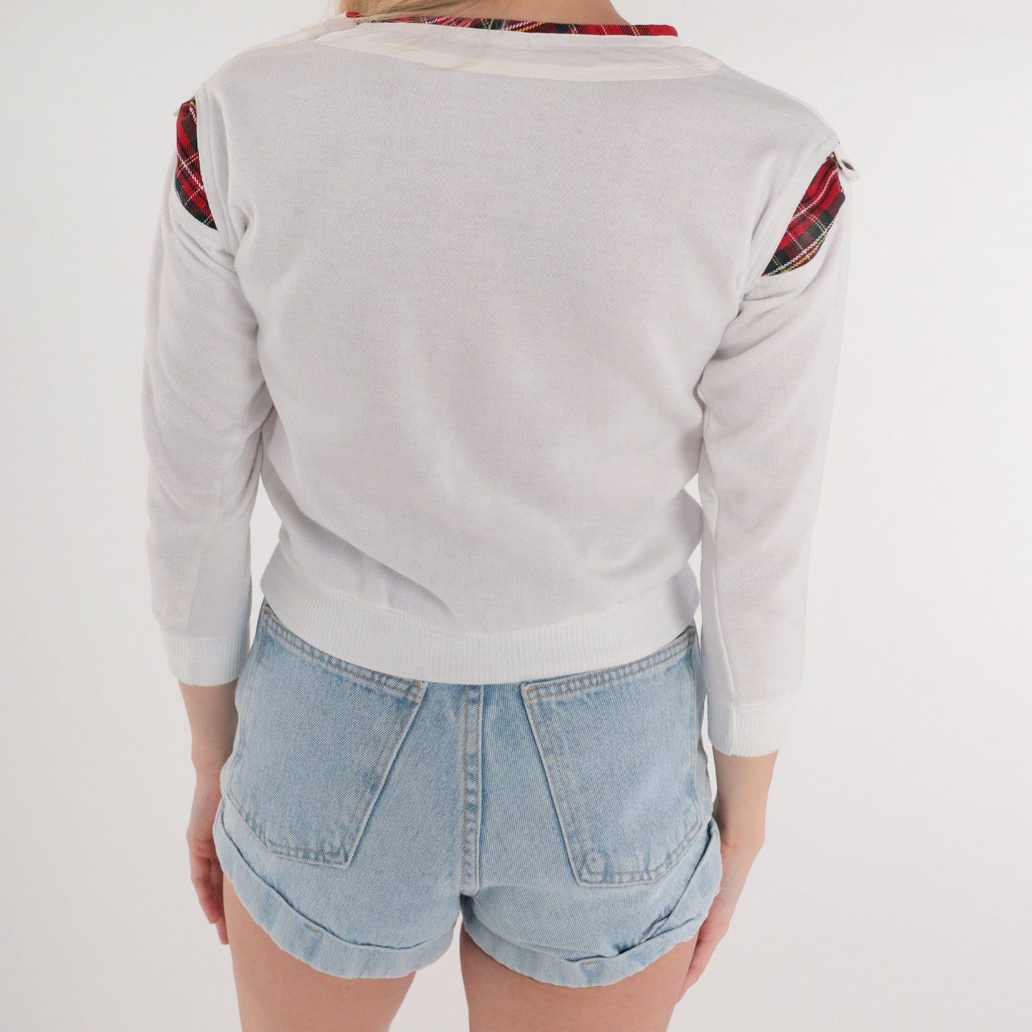 90s White Red Plaid Crewneck Sweatshirt Shoulder Snap Long Sleeve Extra Small