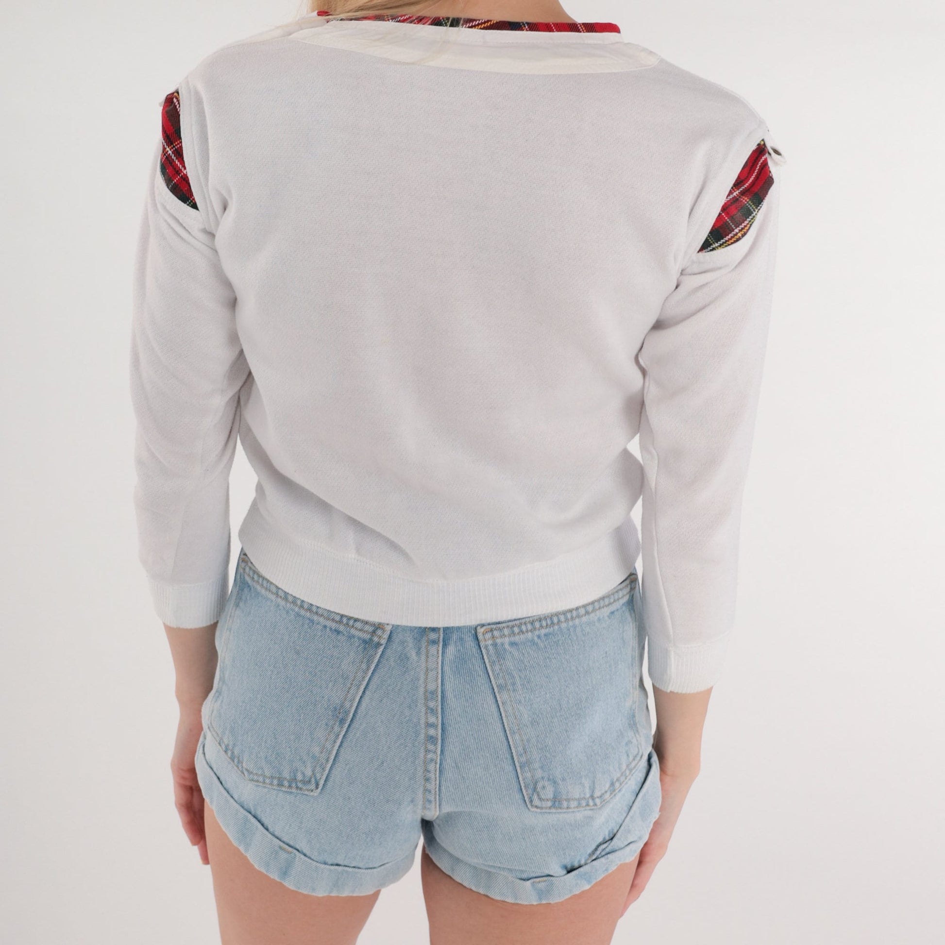 90s White Red Plaid Crewneck Sweatshirt Shoulder Snap Long Sleeve Extra Small