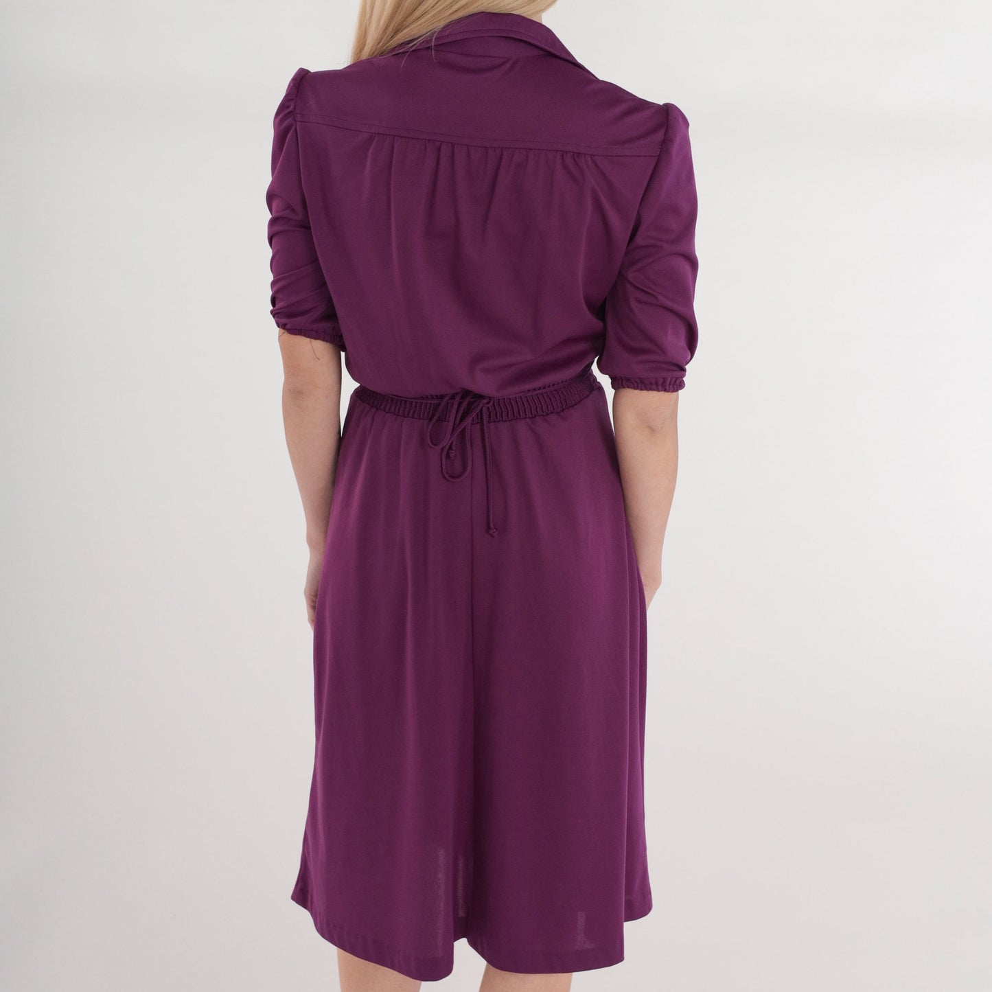 70s Purple Midi Dress Puff Sleeve Collared V-Neck Smocked Waist XS
