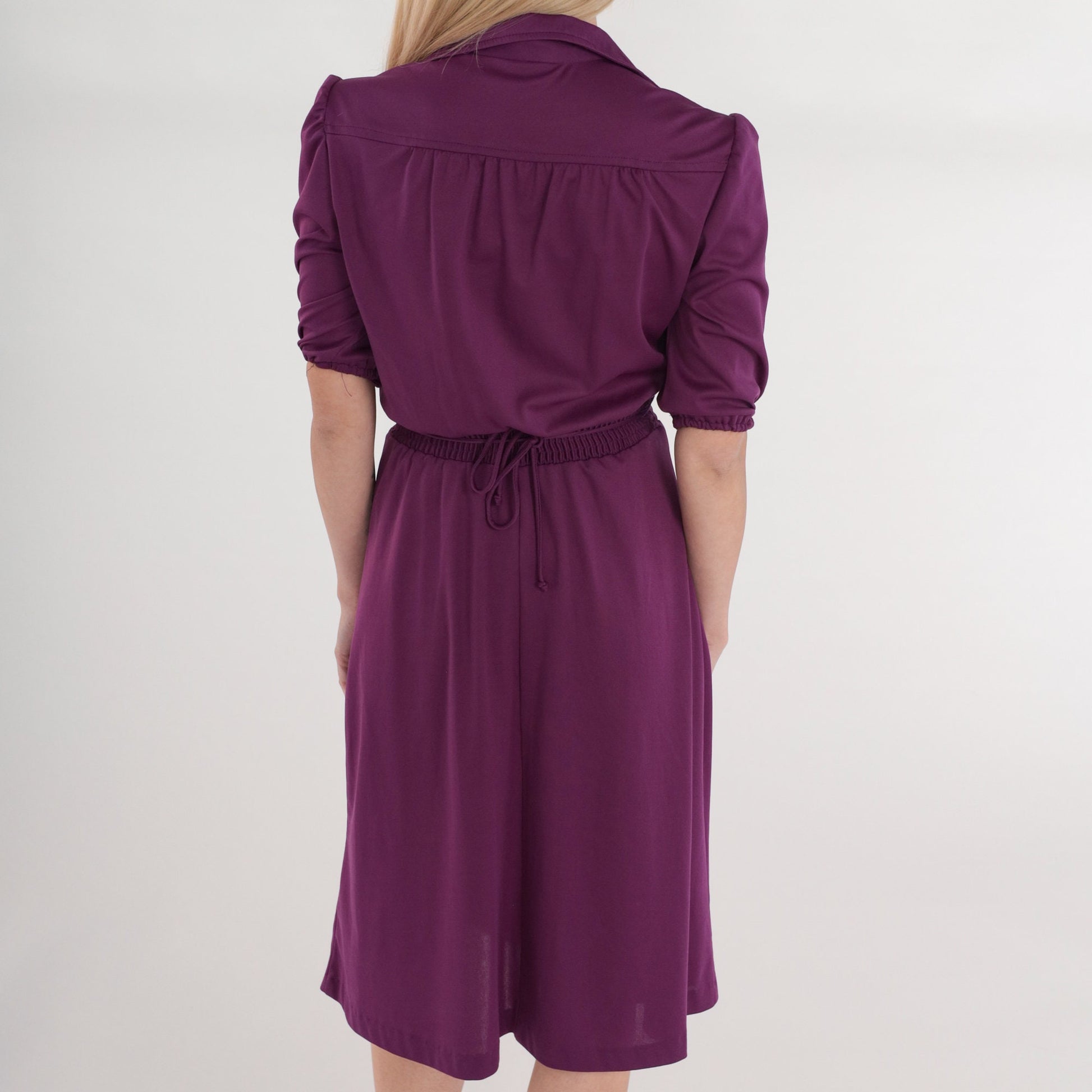 70s Purple Midi Dress Puff Sleeve Collared V-Neck Smocked Waist XS
