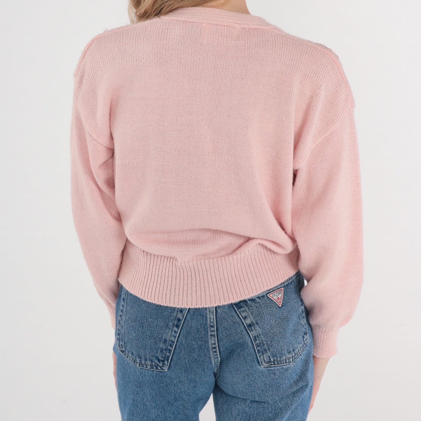 80s Pink Floral Knit Sweater V-Neck Faux Wrap Embroidered Medium M