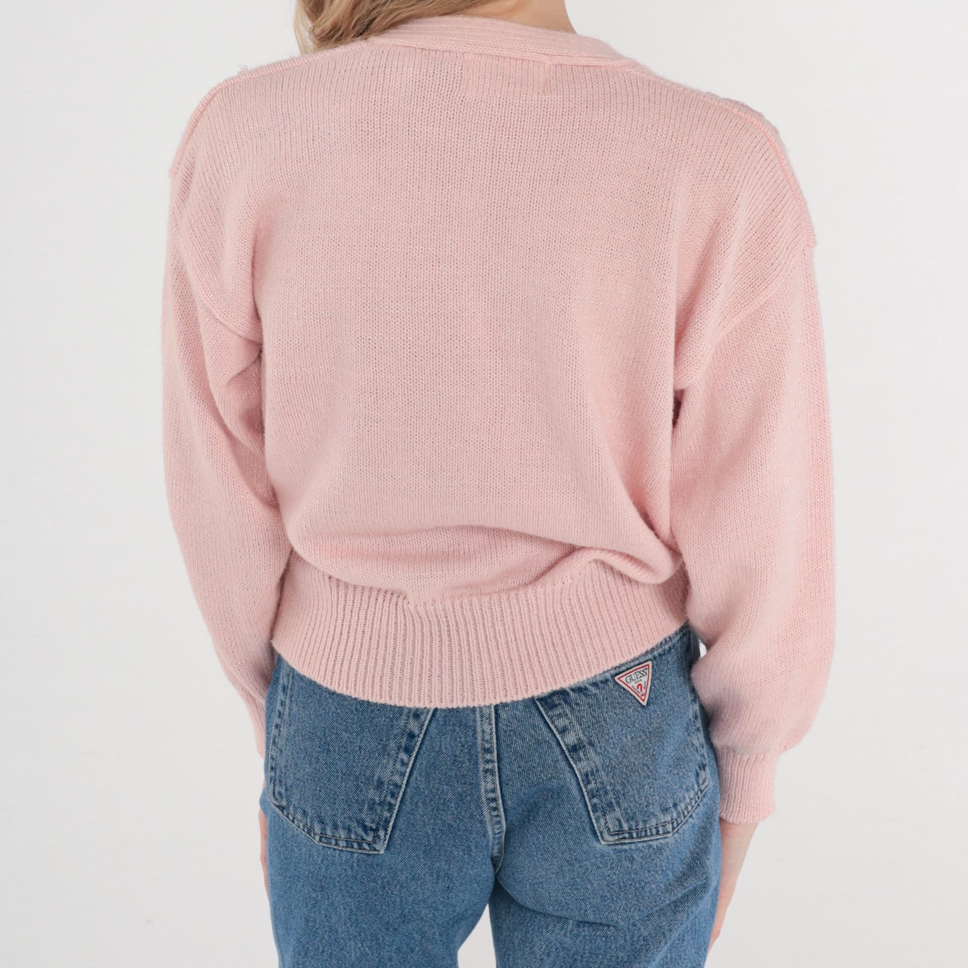 80s Pink Floral Knit Sweater V-Neck Faux Wrap Embroidered Medium M