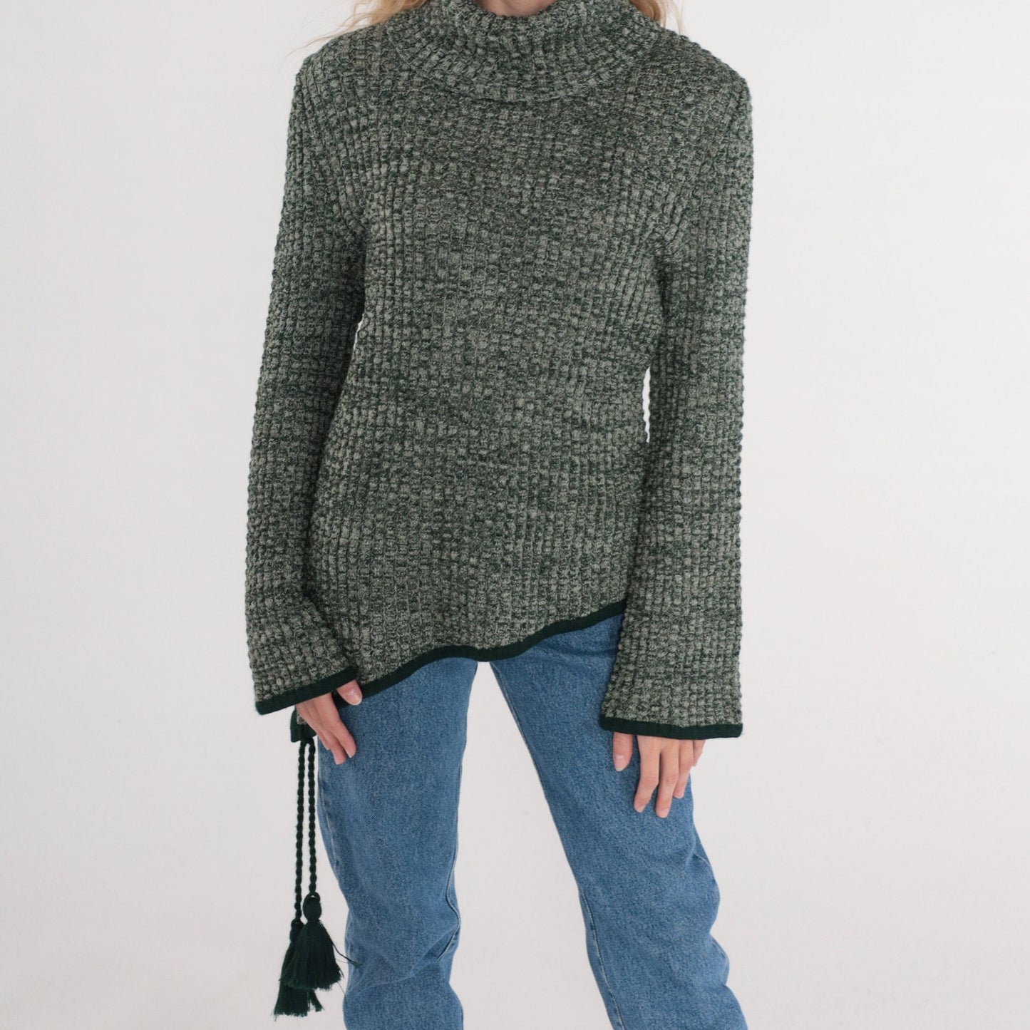 80s Heather Green Wool Blend Turtleneck Sweater Asymmetrical Hem Tassel Medium Large
