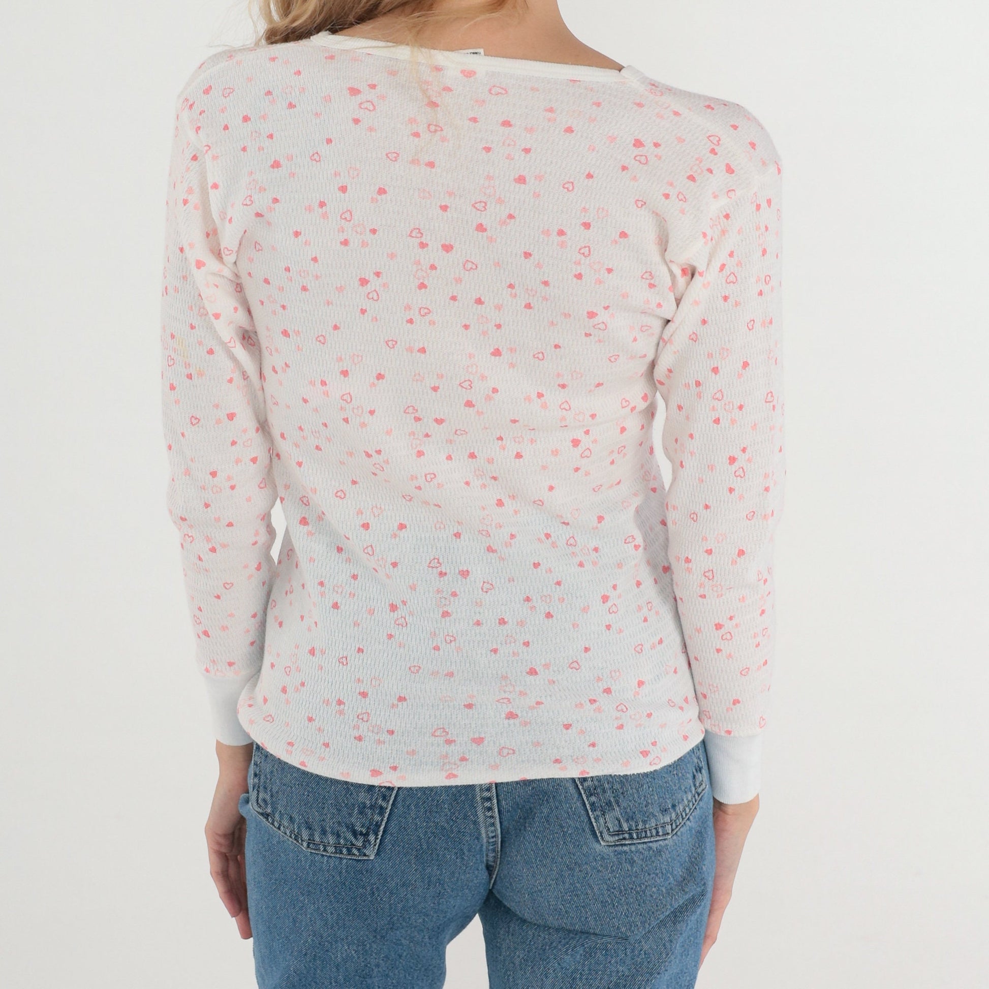 80s Heart Print Waffle Knit Thermal Shirt White V-Neck Long Sleeve Small