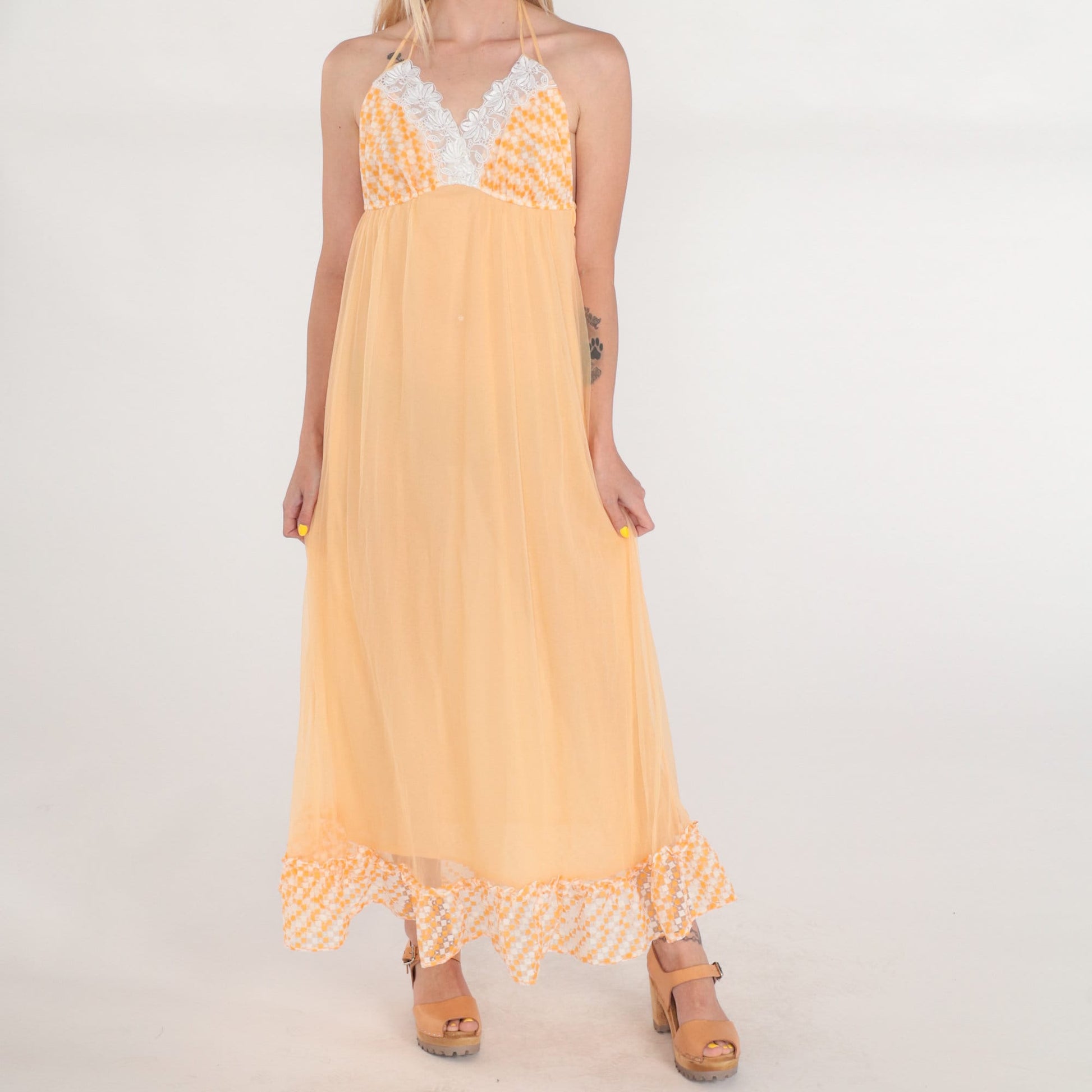 70s Orange Halter Maxi Slip Dress Empire Waist Lace Trim Small