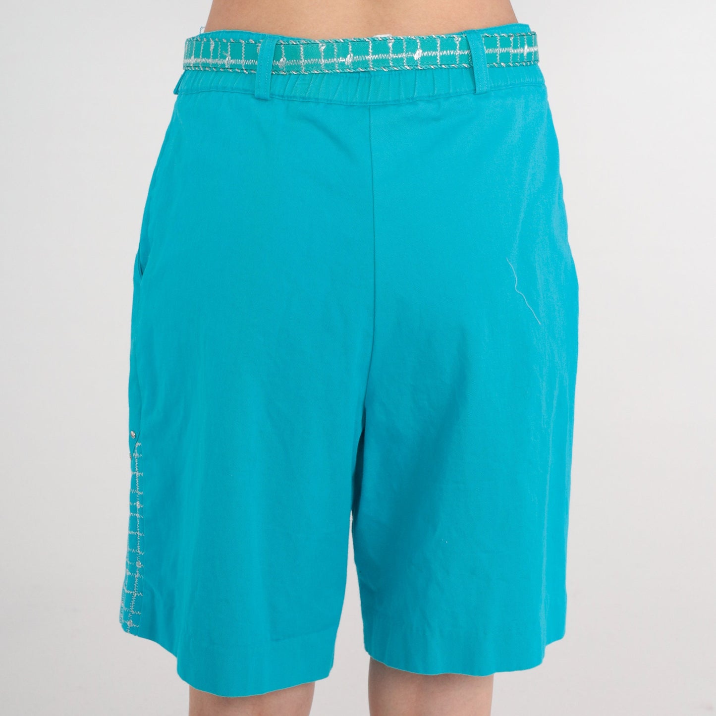 90s Turquoise Metallic Studded Pleated High-Waist Shorts Cotton Medium
