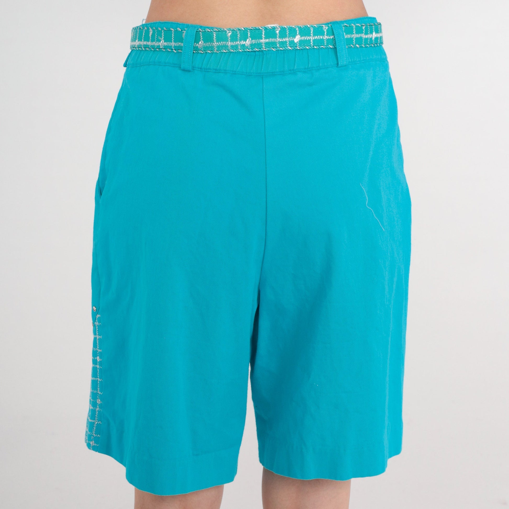 90s Turquoise Metallic Studded Pleated High-Waist Shorts Cotton Medium