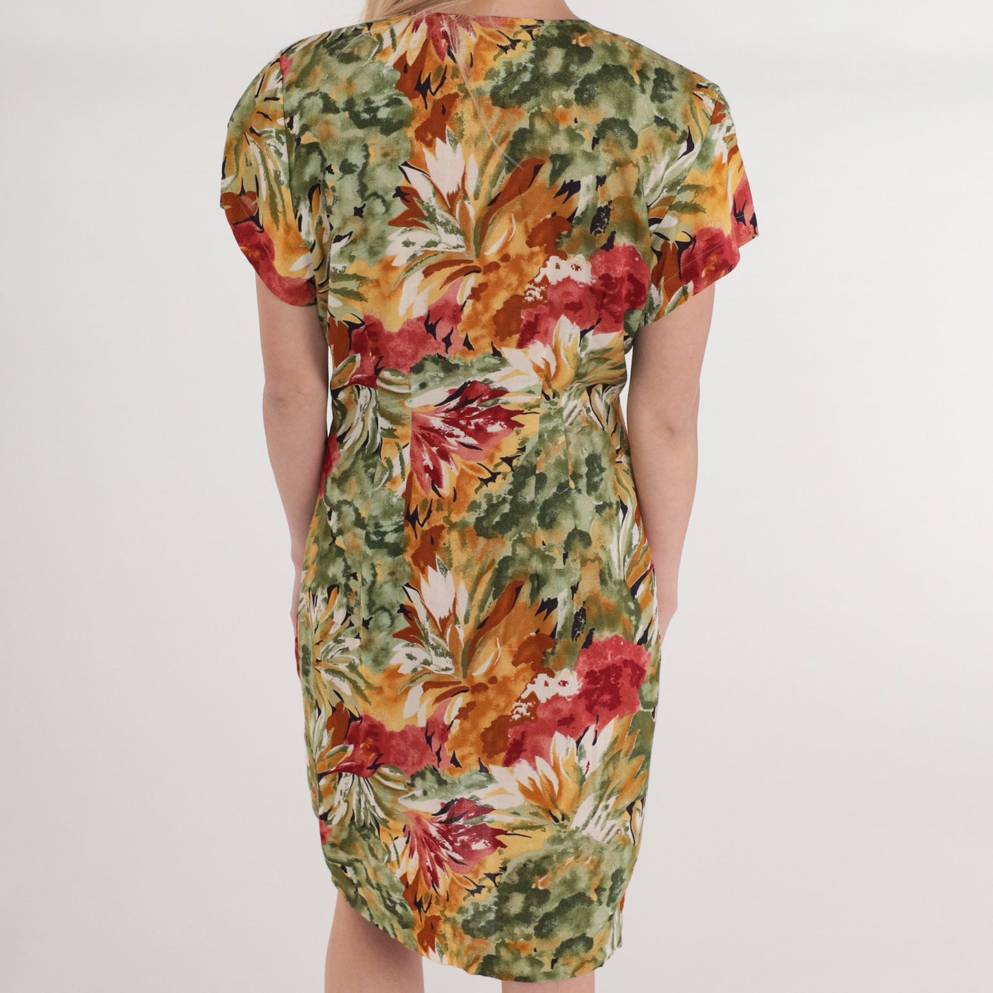 90s La Belle Floral Mini Dress Button-Up V-Neck Sheath Green Red Orange Small