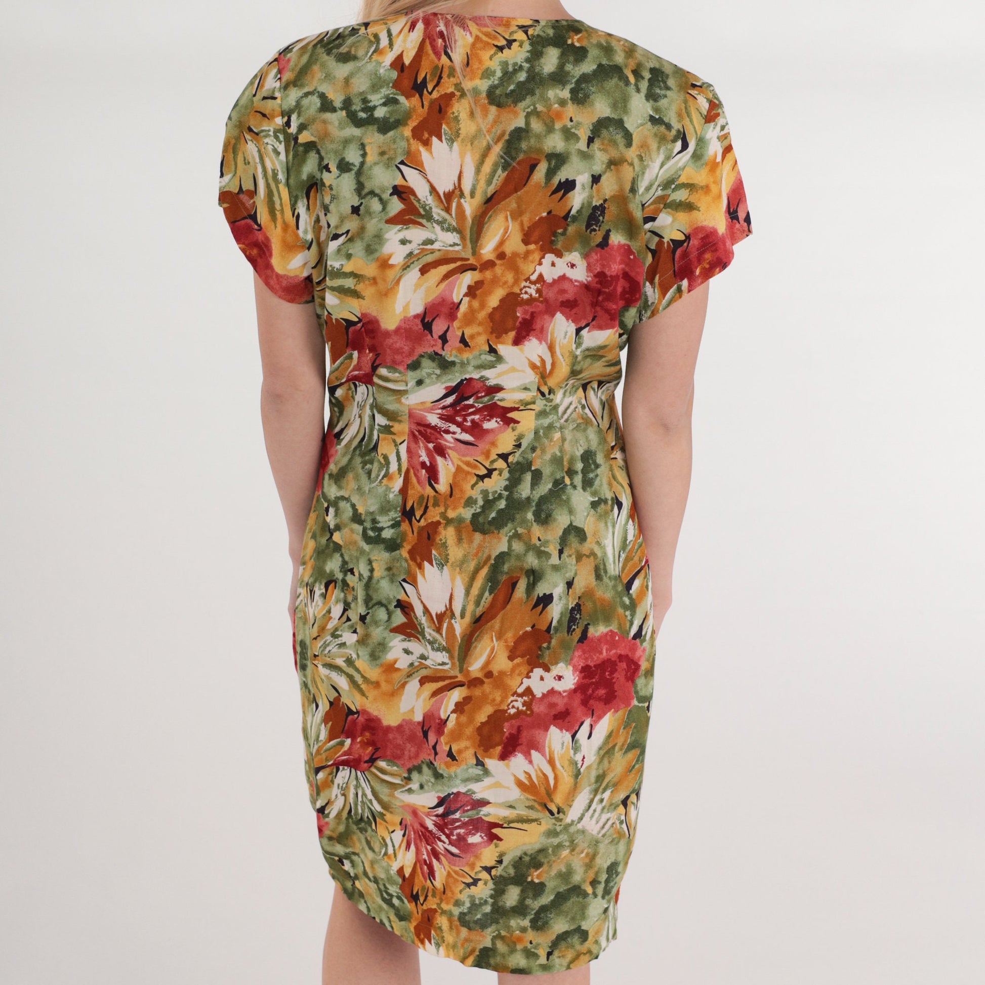 90s La Belle Floral Mini Dress Button-Up V-Neck Sheath Green Red Orange Small