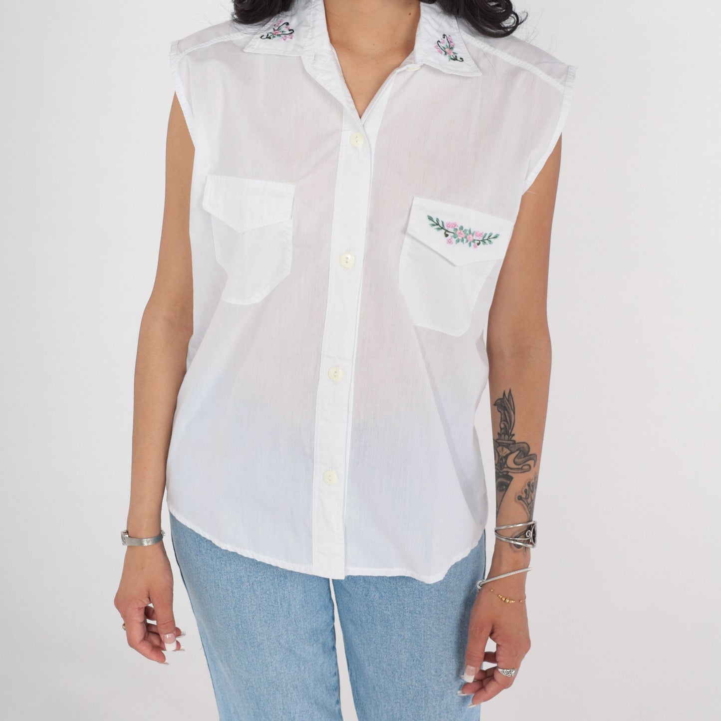 80s White Floral Embroidered Tank Top Button-Up Blouse Medium Large