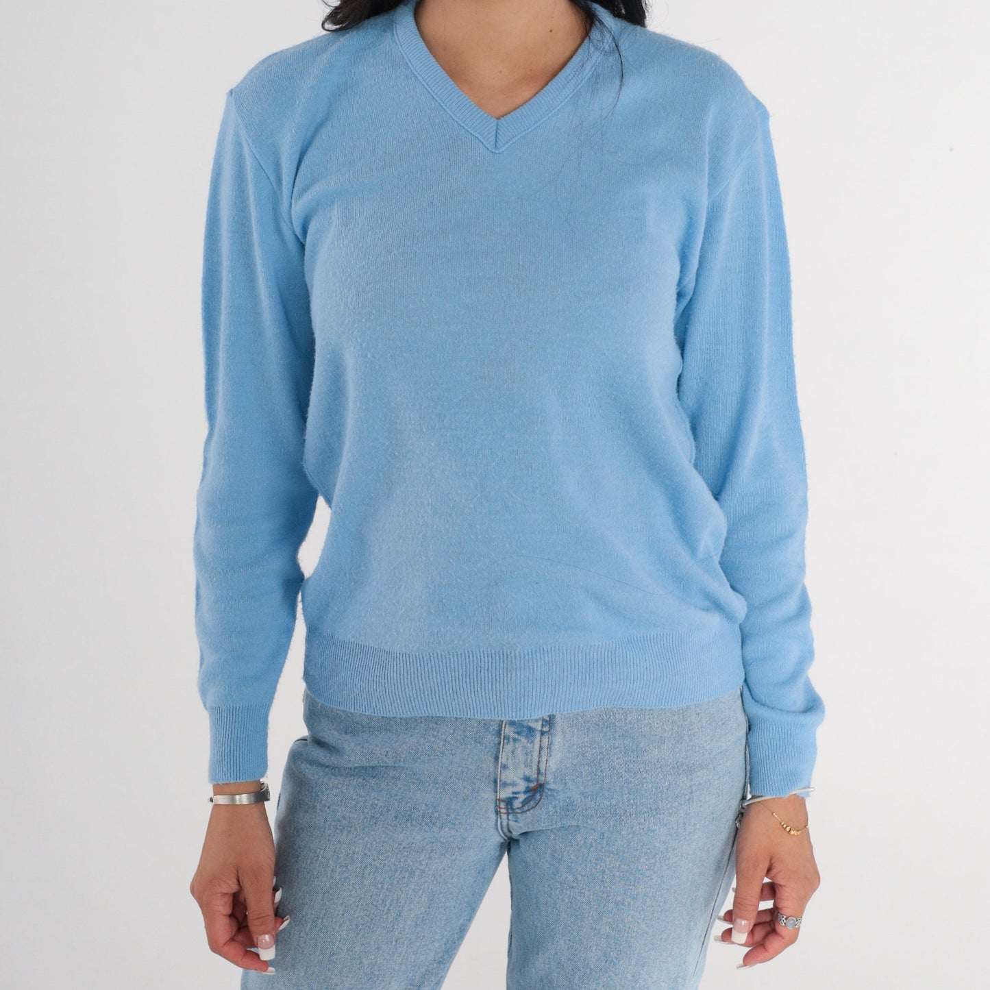 80s Cornflower Blue V-Neck Knit Pullover Sweater Small Medium