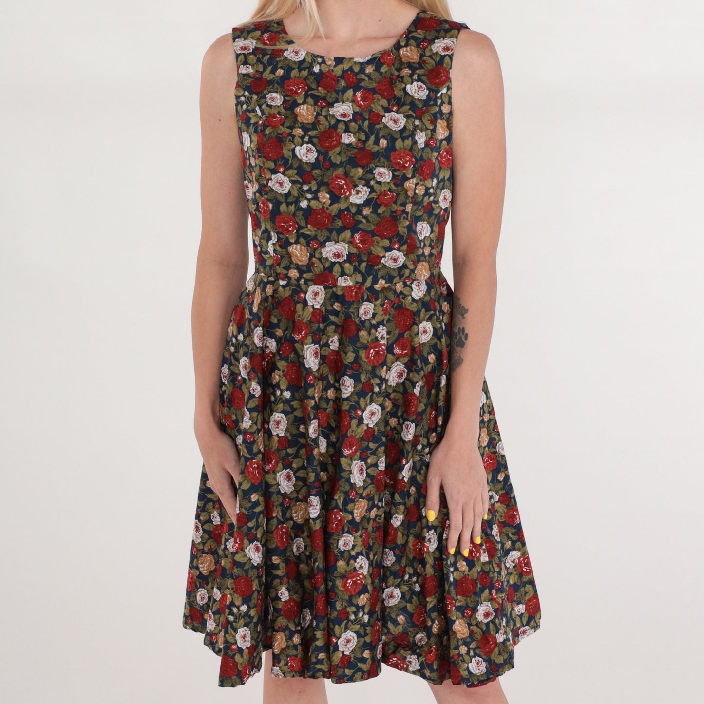90s Floral Mini Dress Navy Rose Print Sleeveless High Waist Fit Flare Medium