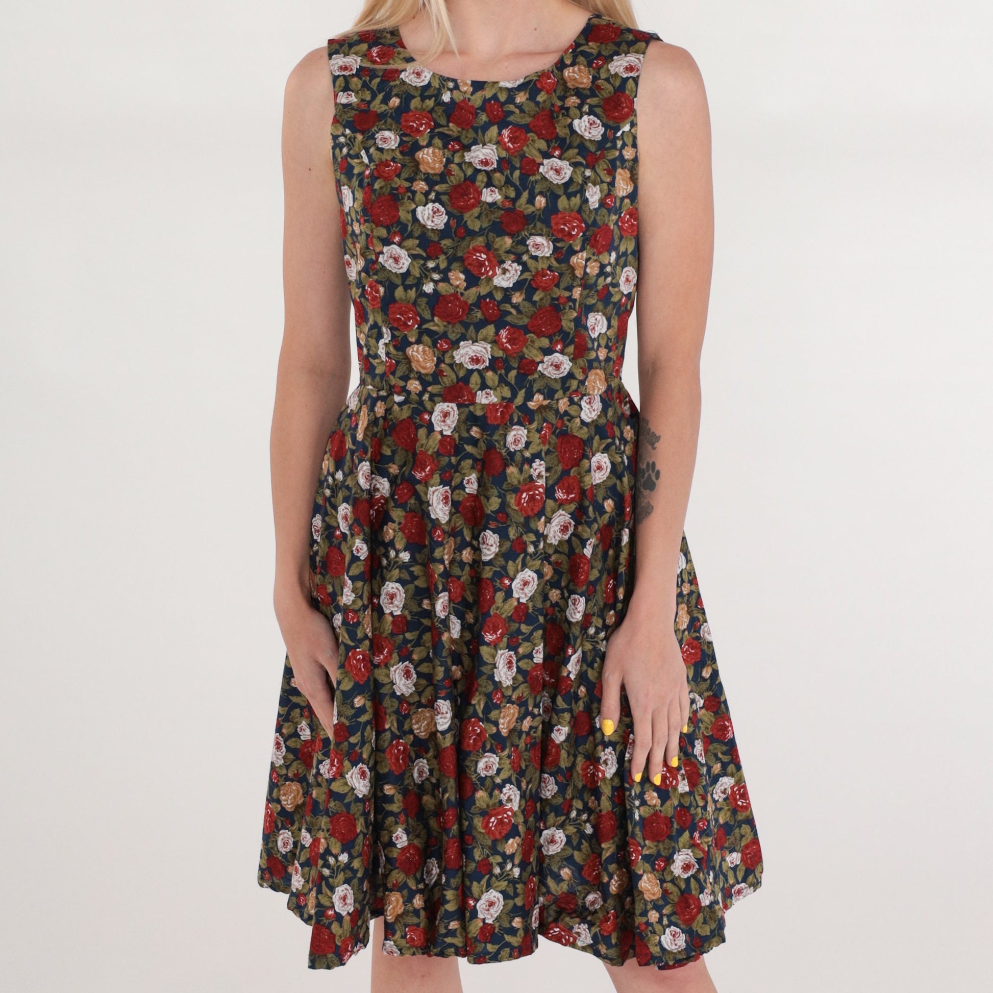 90s Floral Mini Dress Navy Rose Print Sleeveless High Waist Fit Flare Medium