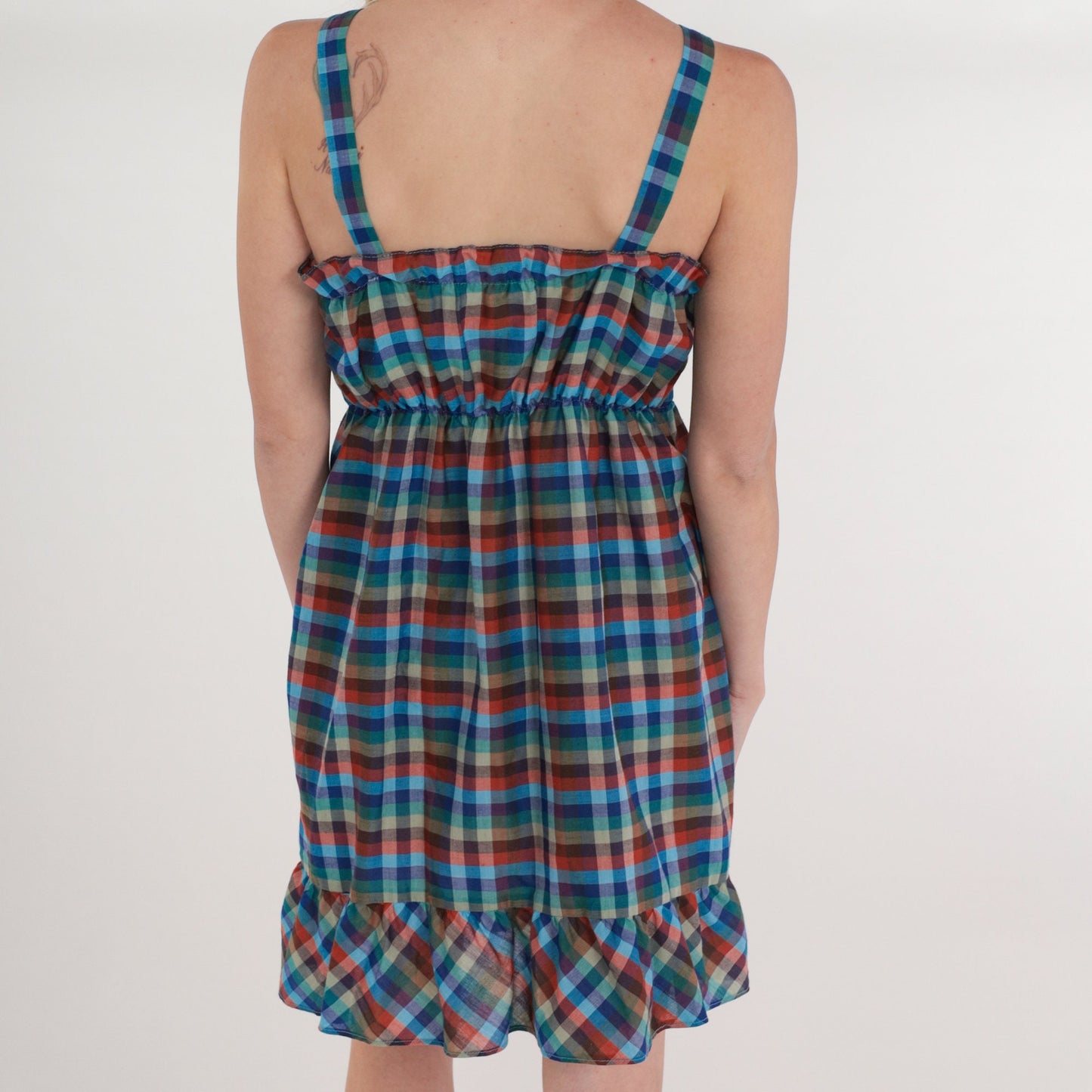 70s Plaid Mini Dress Sleeveless Ruffled Button-Up Blue Green Checkered XS