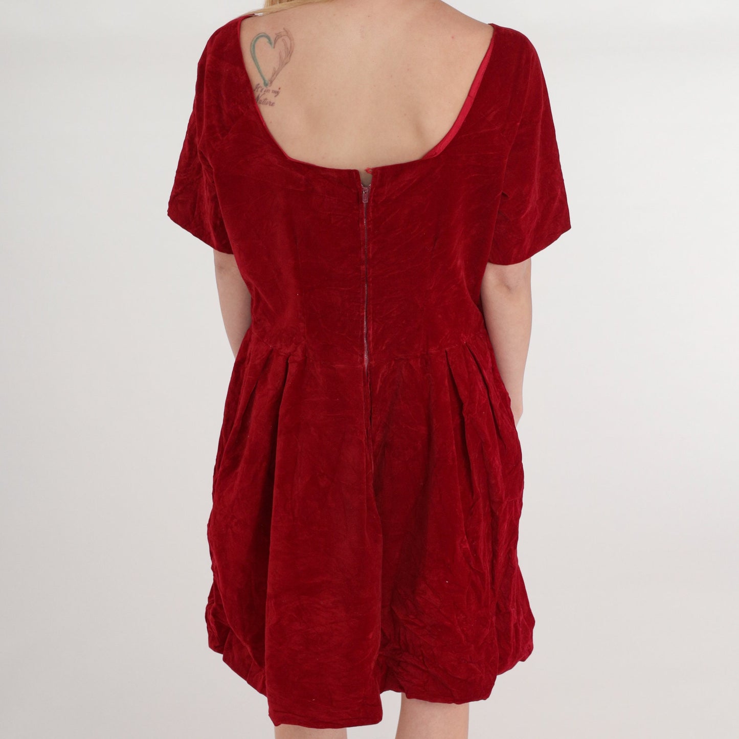 60s Red Velvet Mini Dress High Waist Scoop Back Short Sleeve Extra Large XL