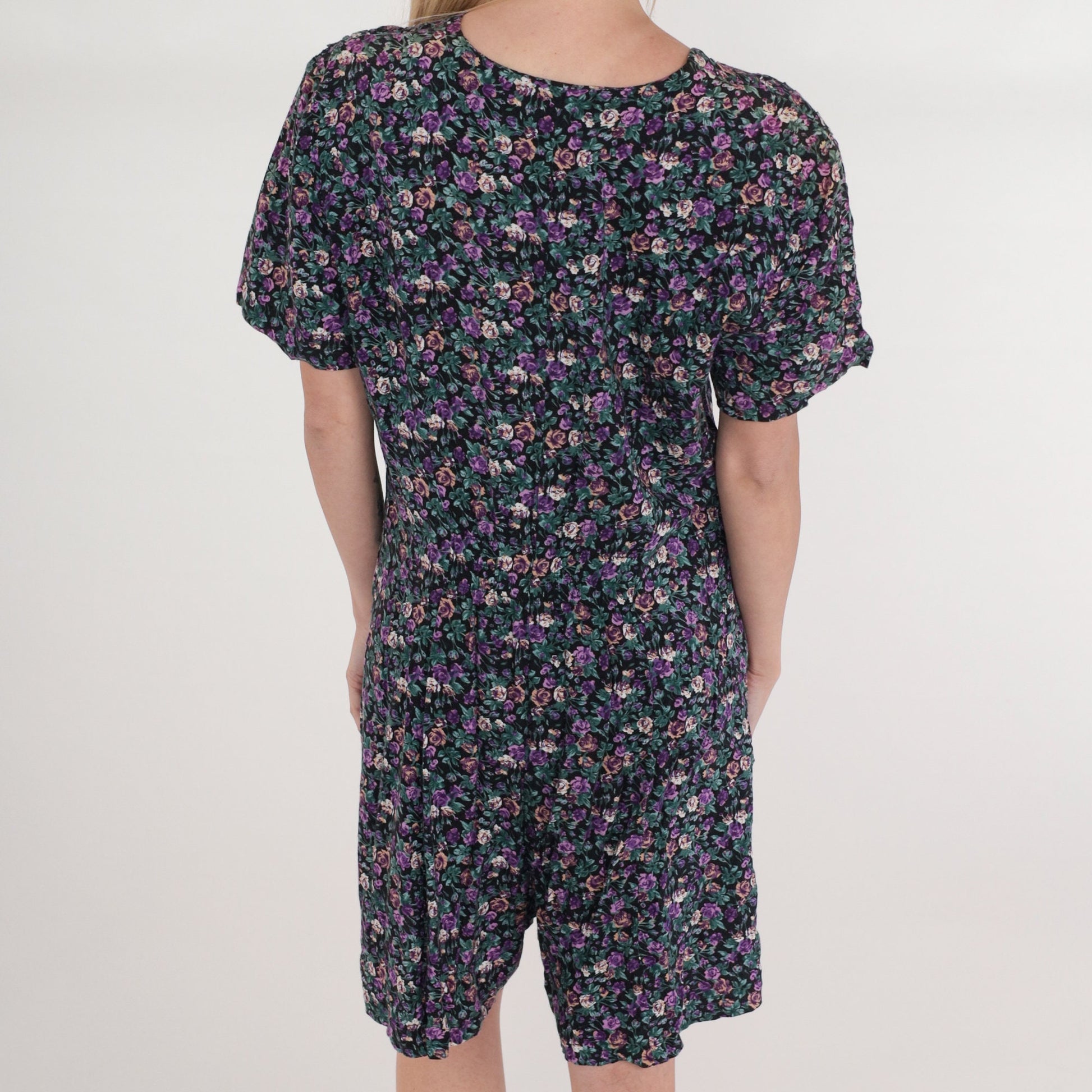 90s Floral Button-Up Romper Wide Leg Shorts Black Purple Medium M