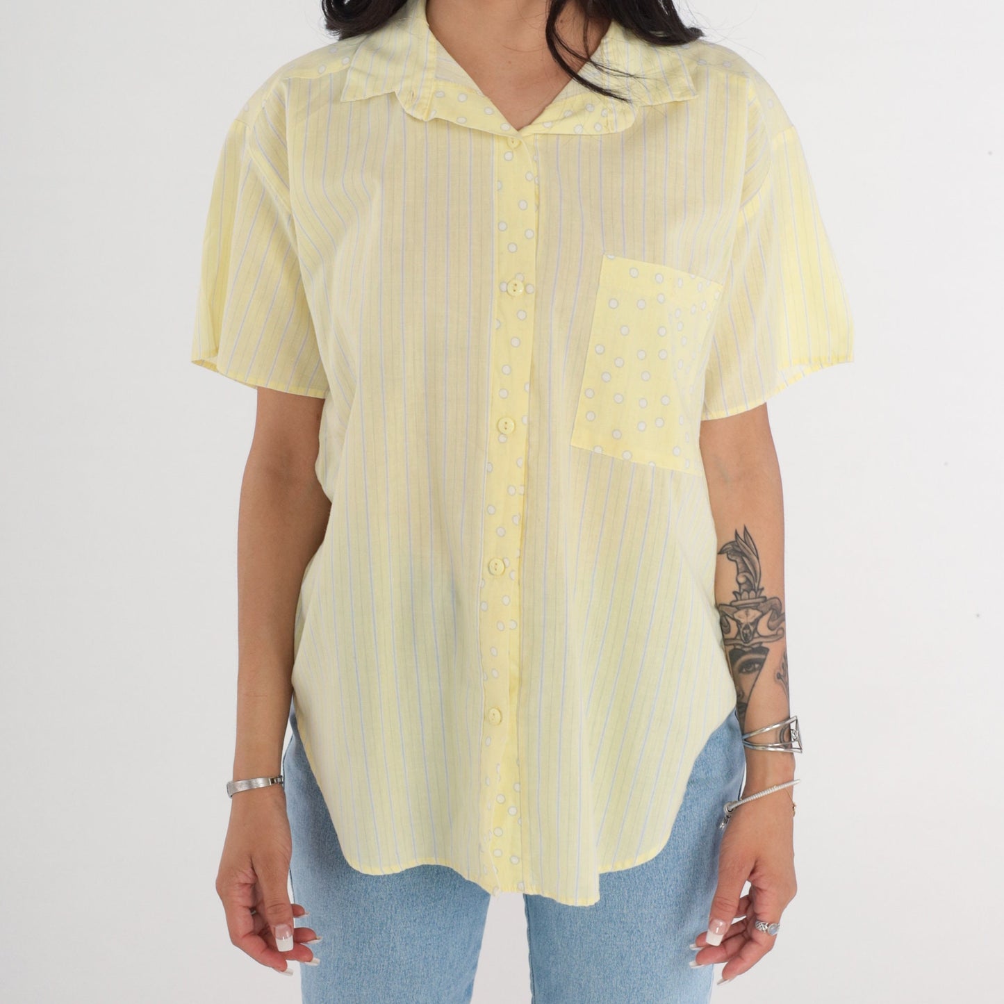 80s Yellow Striped Dot Print Button-Up Blouse Short Sleeve Medium
