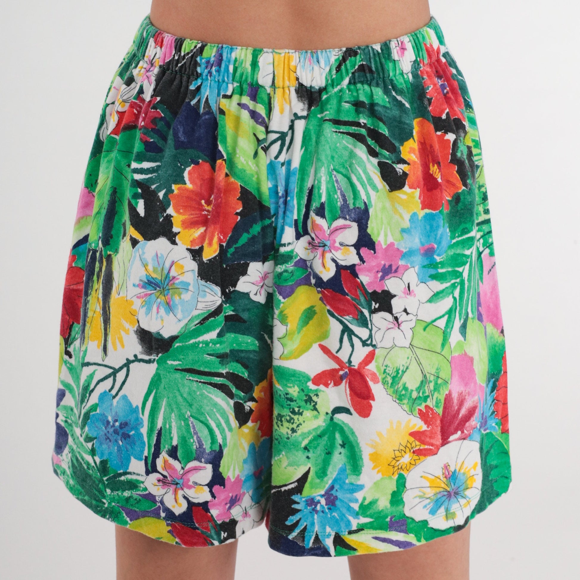90s Tropical Floral Leaf Print Shorts High Waist Elastic Small Medium