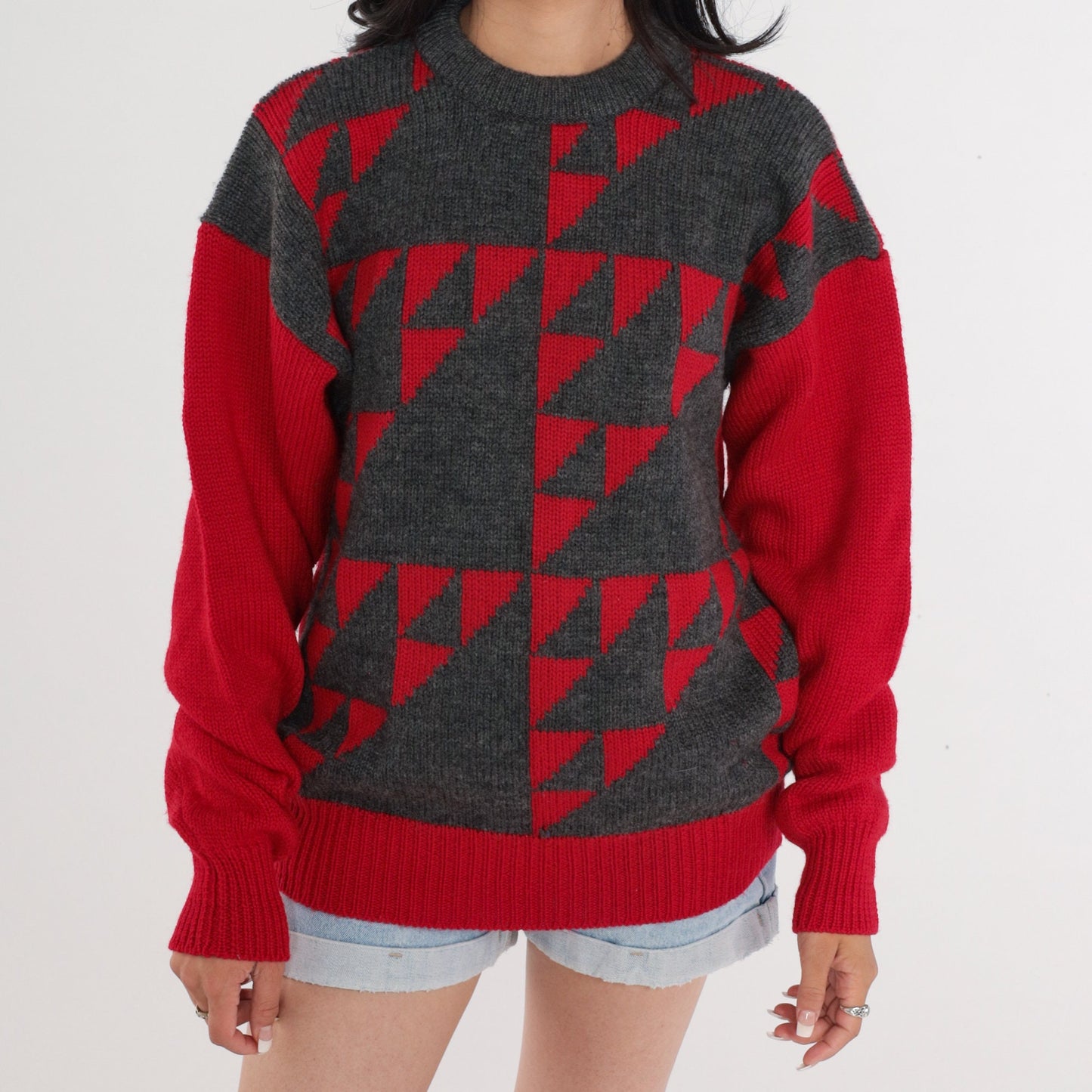 80s Pringle of Scotland Wool Geometric Sweater Red Grey Crewneck Medium