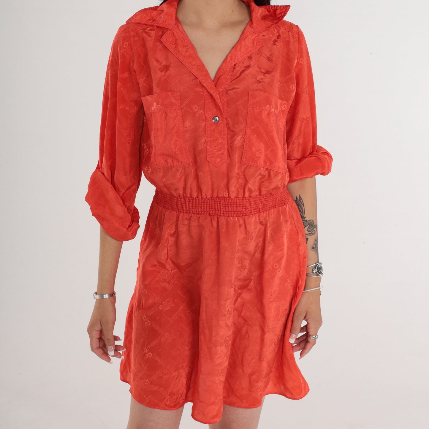 70s Irene Kasmer Orange Floral Blouson Mini Dress Smocked Waist Medium M