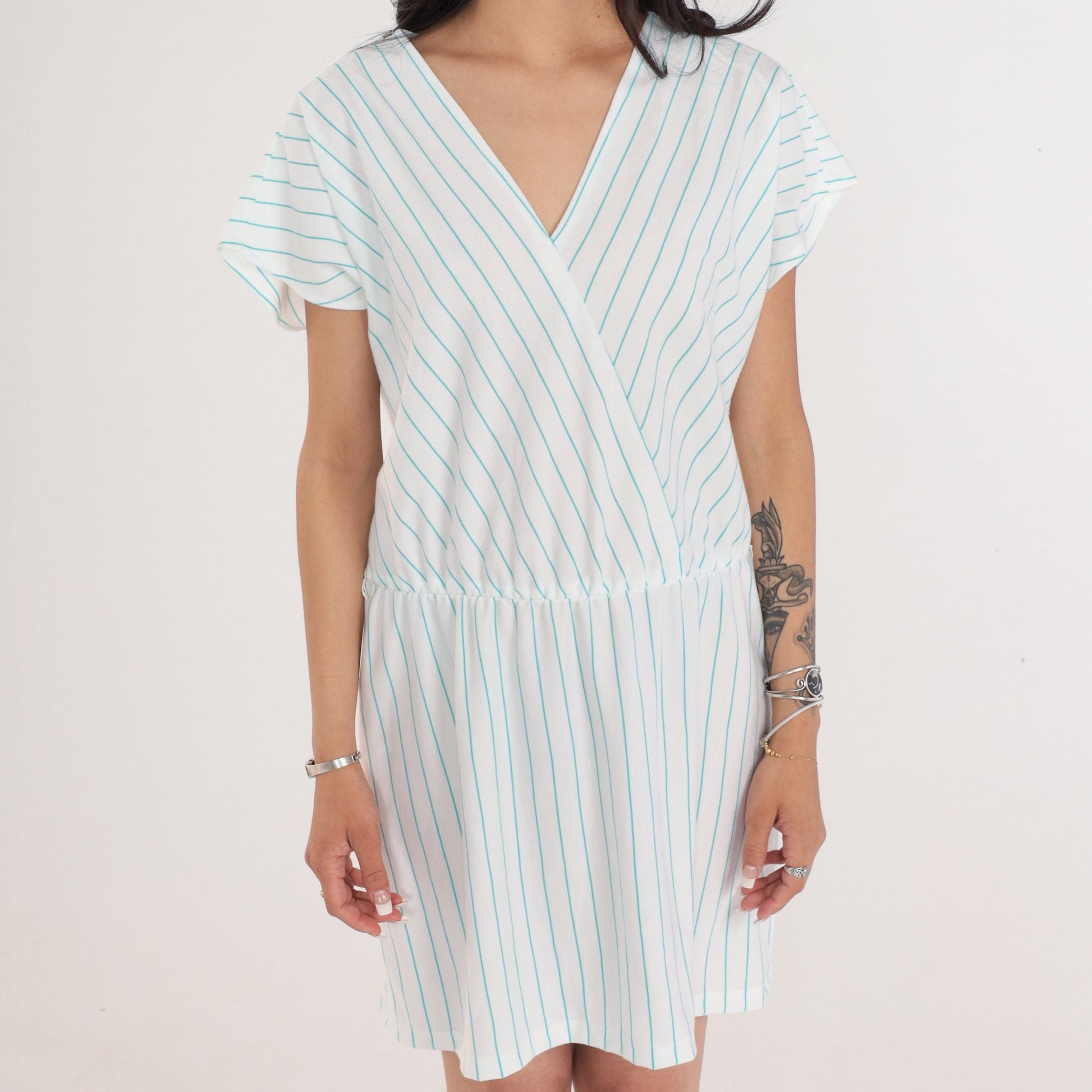80s White Blue Striped Mini Dress V-Neck Faux Wrap High Waist Medium Large