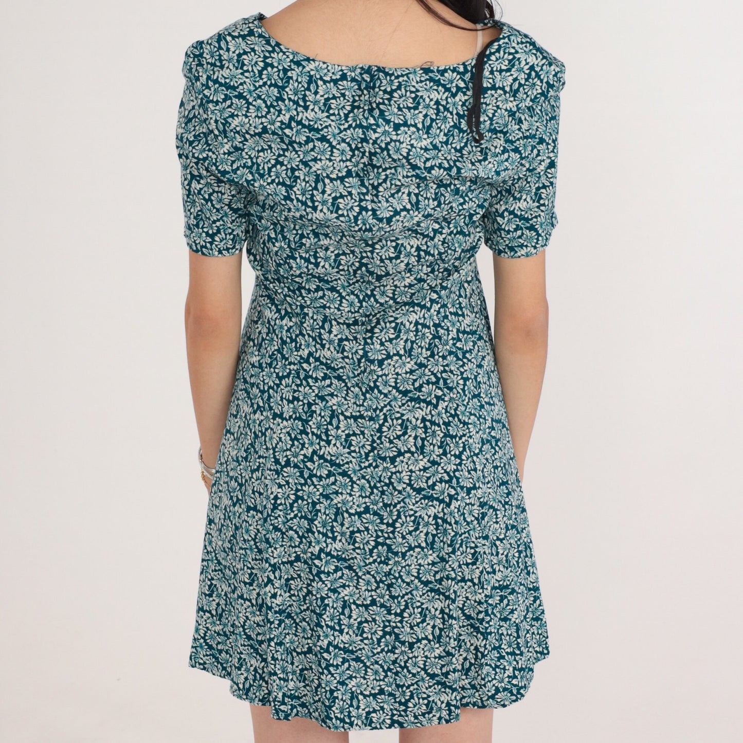 90s Blue Green Ditsy Floral Mini Dress Lace Up Corset Short Sleeve Medium