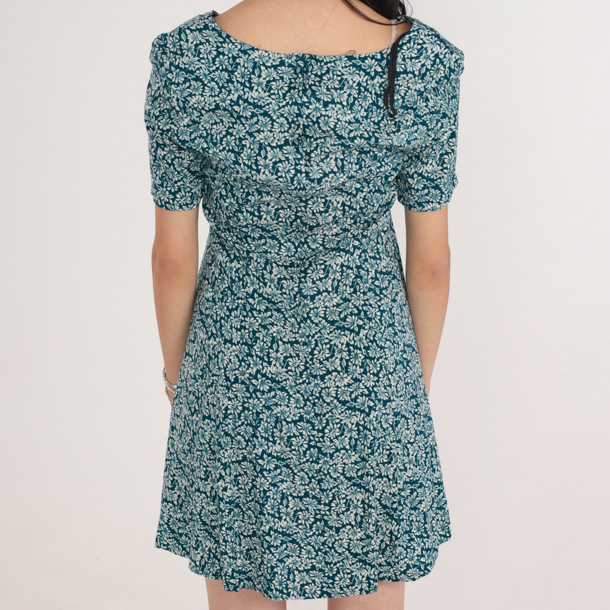 90s Blue Green Ditsy Floral Mini Dress Lace Up Corset Short Sleeve Medium