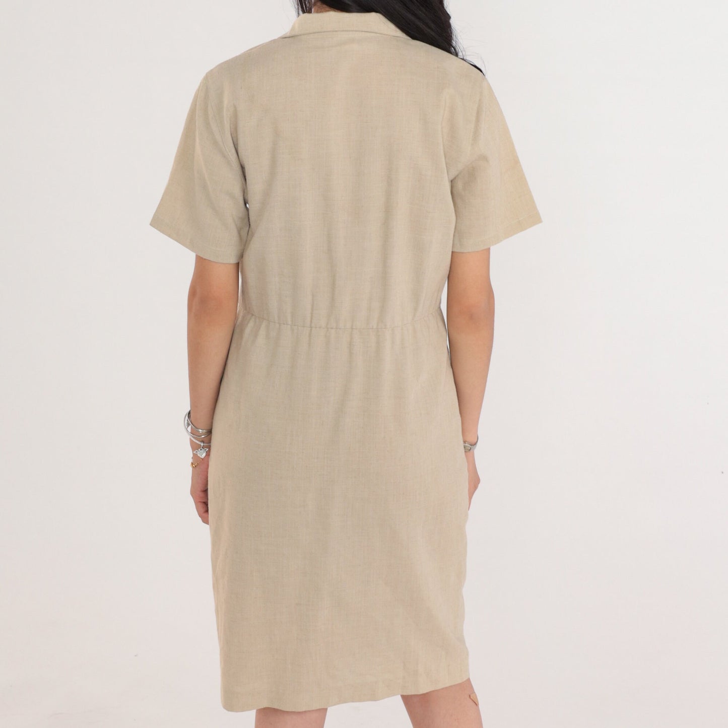 90s Tan Linen Button-Up Mini Dress Collared Sheath Petite Medium