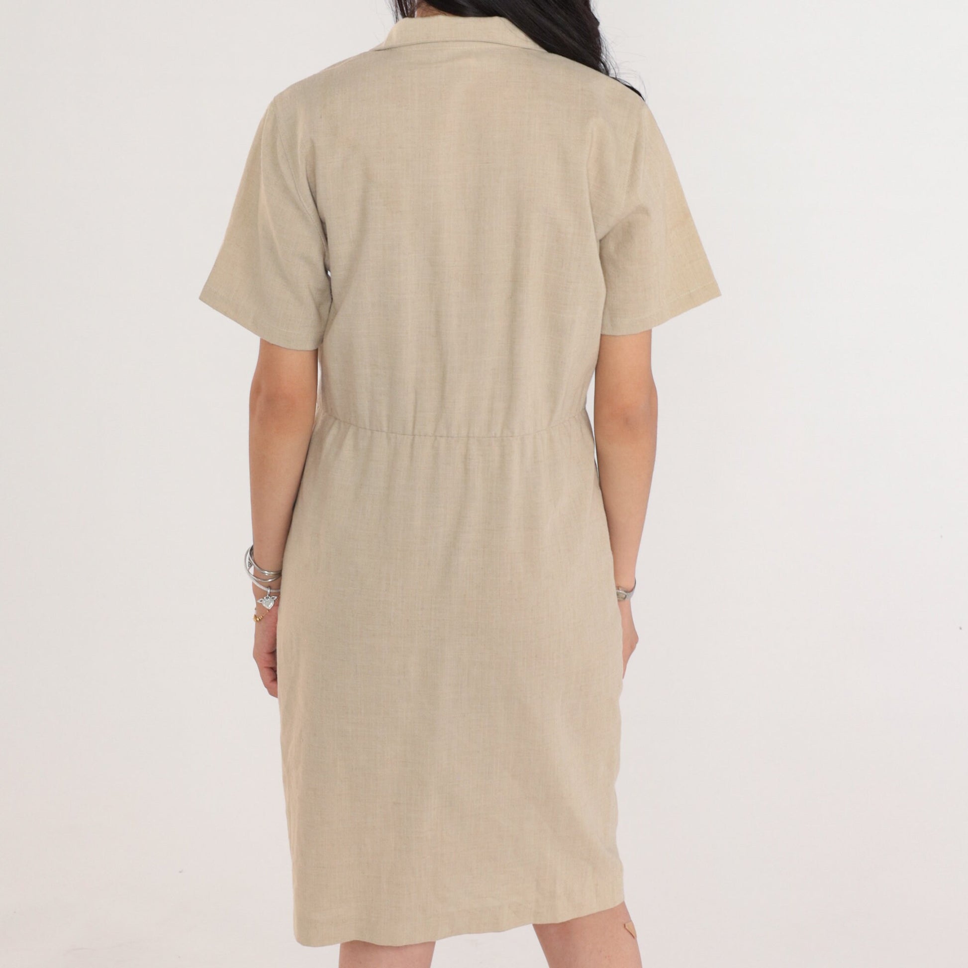 90s Tan Linen Button-Up Mini Dress Collared Sheath Petite Medium