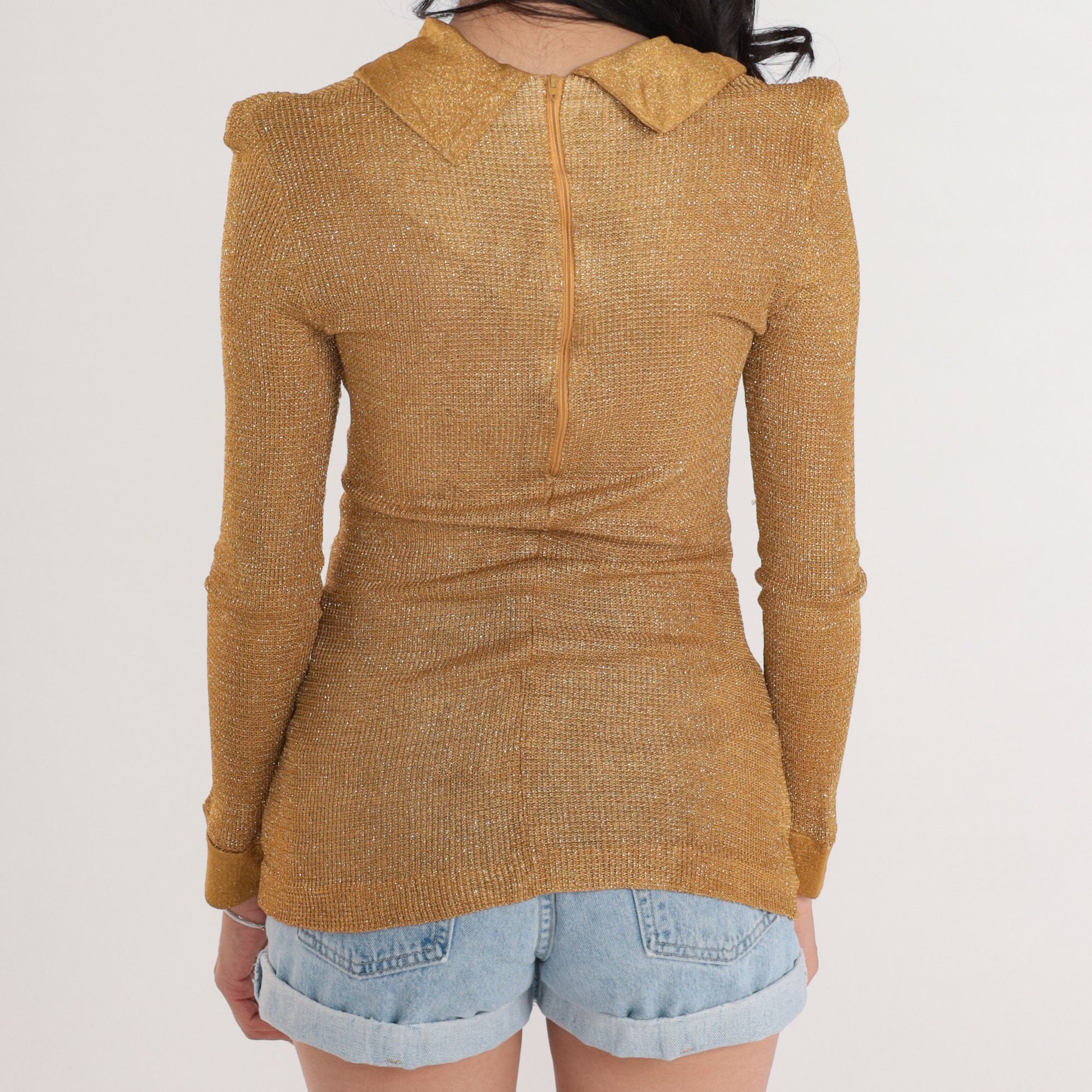 60s Alex Colman Metallic Gold Necktie Blouse Long Sleeve XS