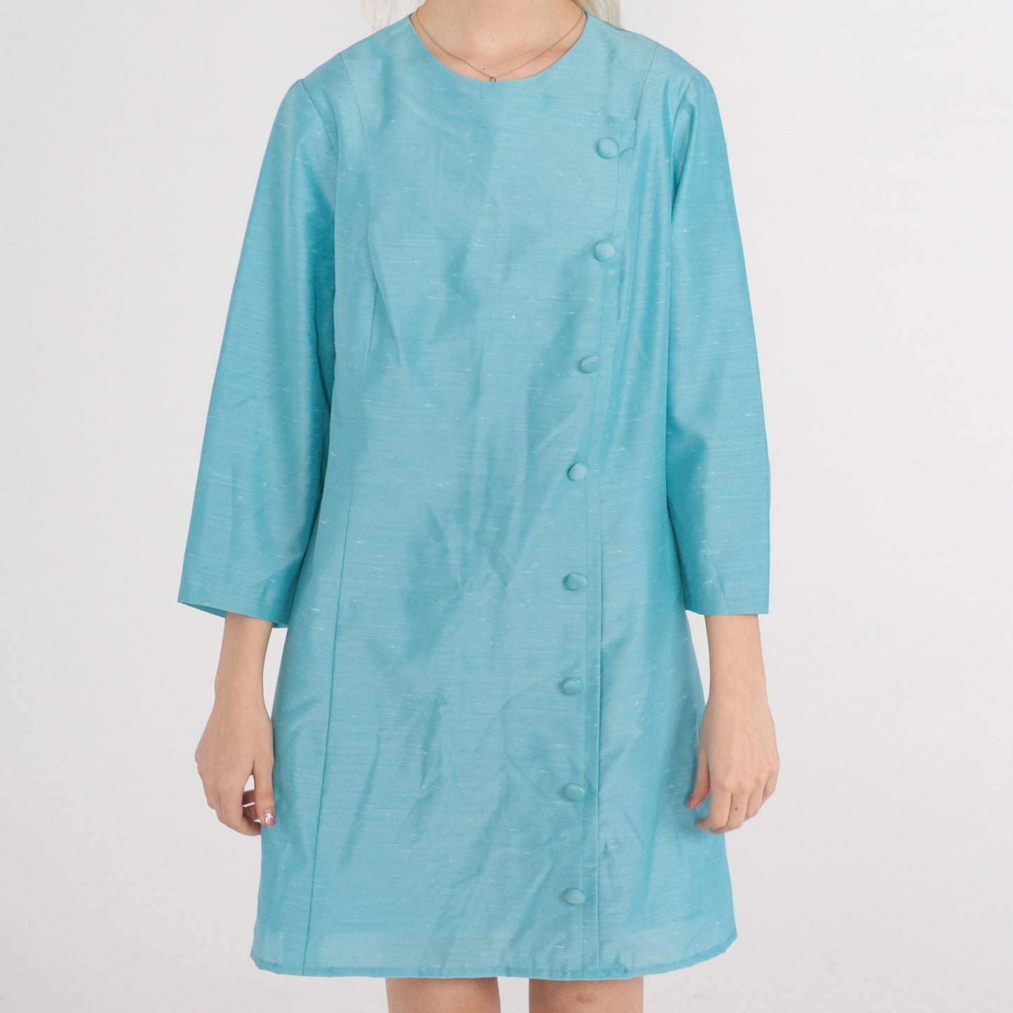 60s Blue Mod Mini Dress Button Front Long Sleeve Shift Dress Large L