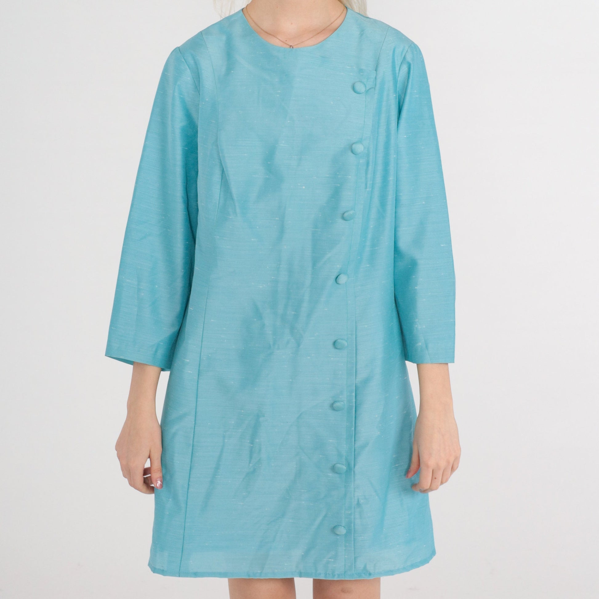 60s Blue Mod Mini Dress Button Front Long Sleeve Shift Dress Large L
