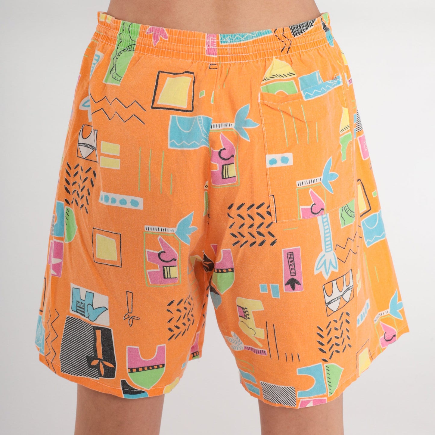 90s Orange Tropical Elephant Print High-Waist Shorts Wide Leg Cotton Medium
