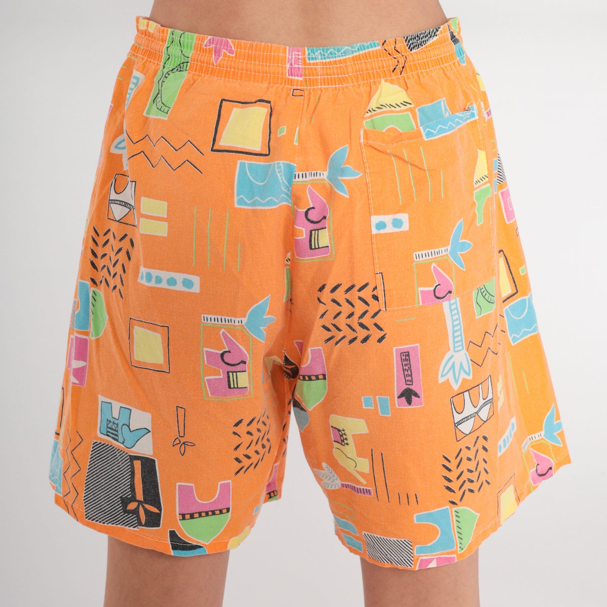90s Orange Tropical Elephant Print High-Waist Shorts Wide Leg Cotton Medium