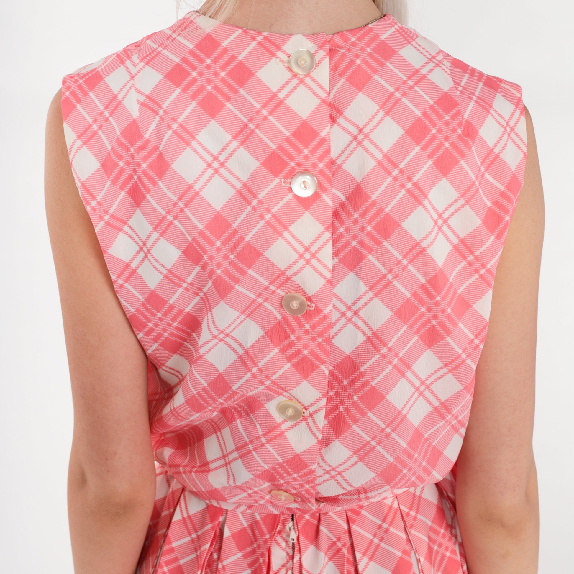 60s Pink Plaid Mini Dress Sleeveless High Waist Pleated Sundress Extra Small