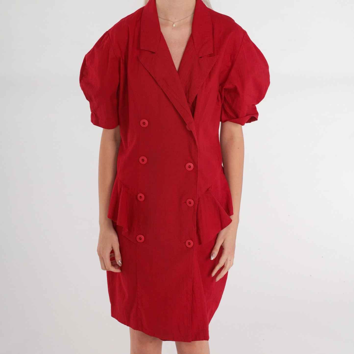80s Red Double Breasted Mini Dress Puff Sleeve Peplum Collar Small S