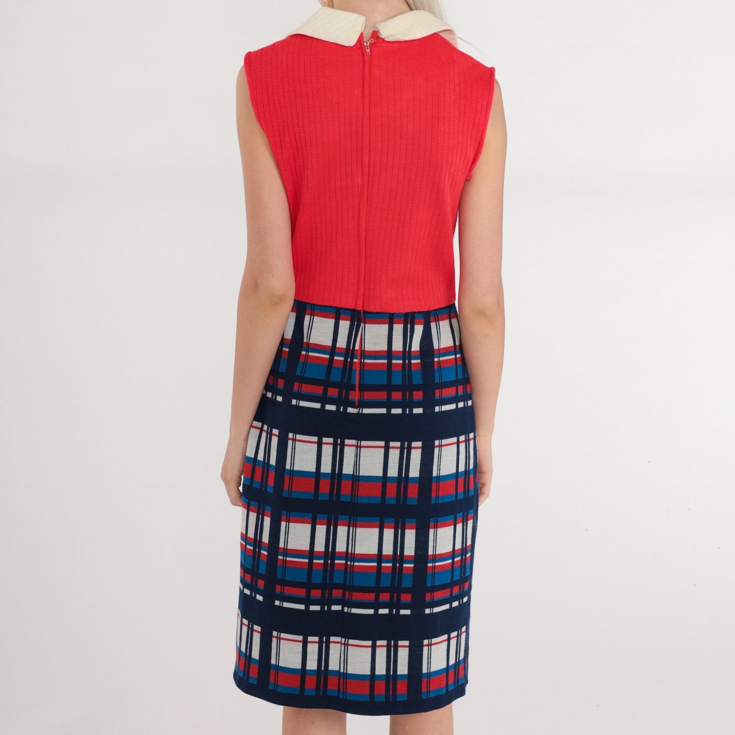 60s Bleeker Street Red Plaid Wool Shift Dress Collared Sleeveless Small