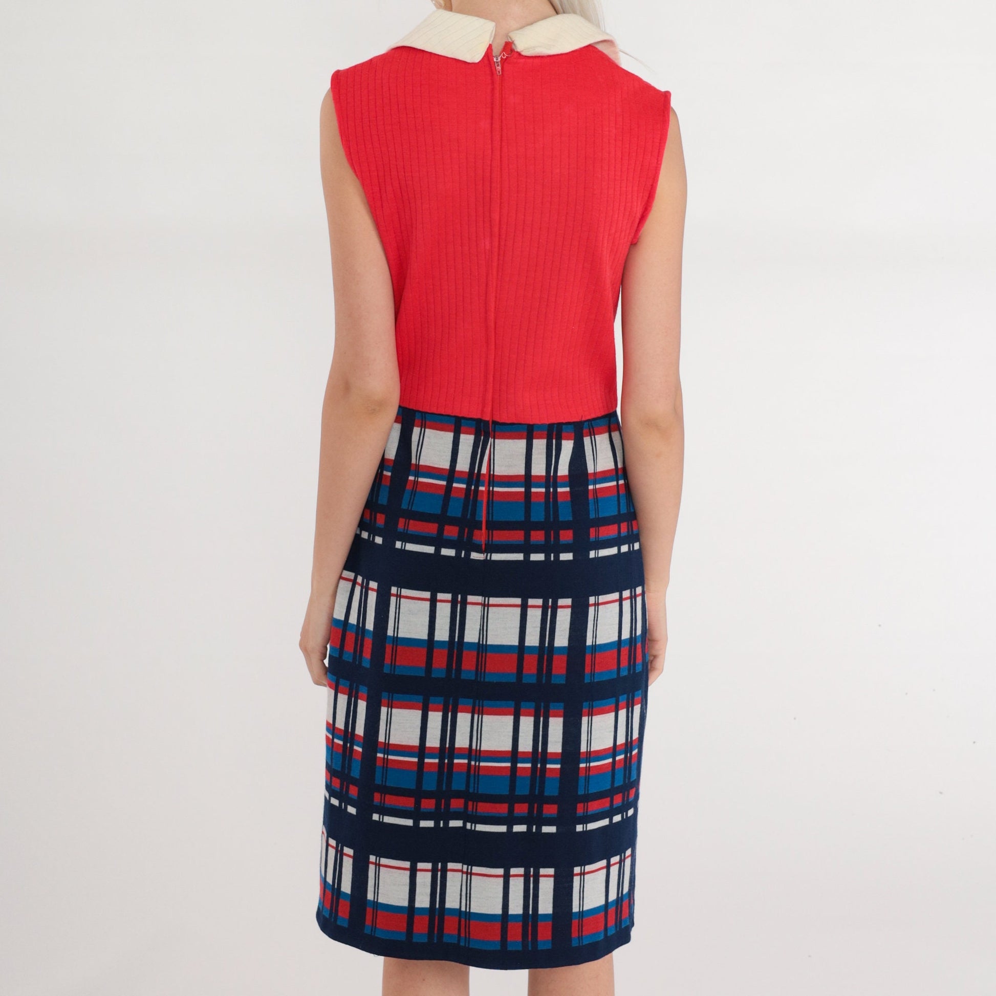 60s Bleeker Street Red Plaid Wool Shift Dress Collared Sleeveless Small