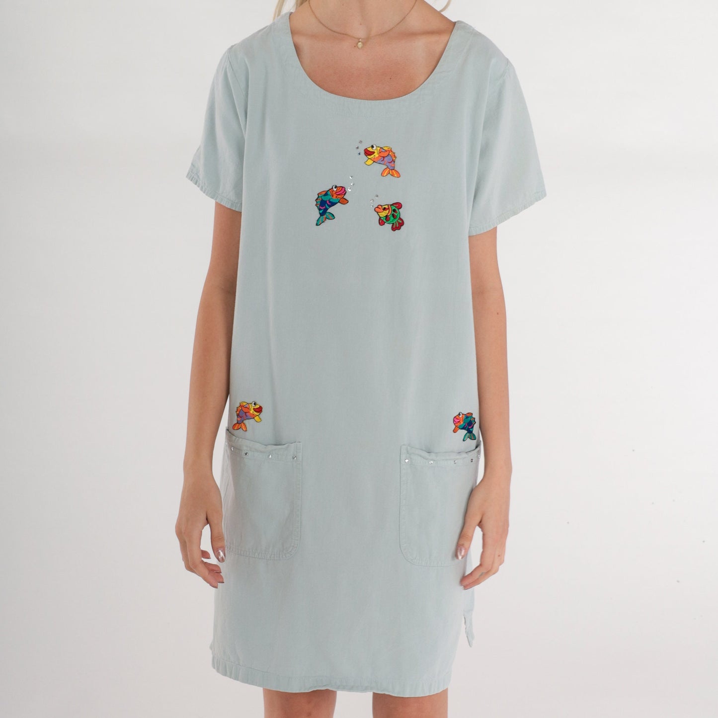 90s Tropical Fish Rhinestone Mini T-Shirt Dress Scoop Neck Pockets Medium M